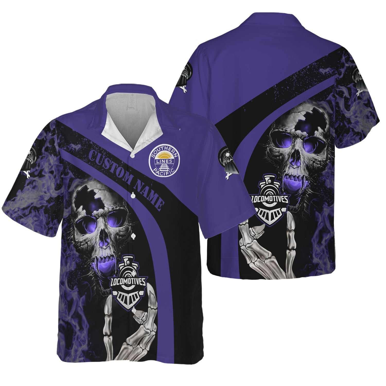 Railspirit Personalized Southern Pacific Railroad Hawaiian Shirt Flame Skull Design Train Shirt for Locomotive Fans