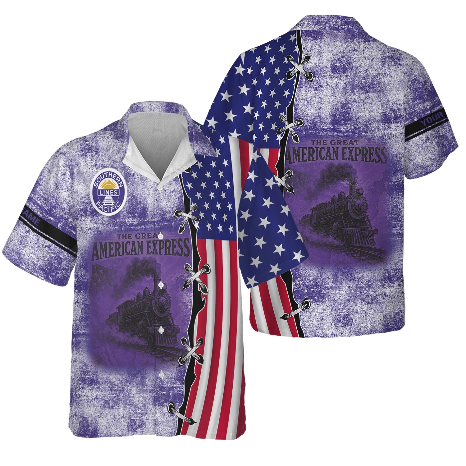 Railspirit Personalized Southern Pacific Railroad Hawaiian Shirt Retro American Express Train With USA Flag Shirt
