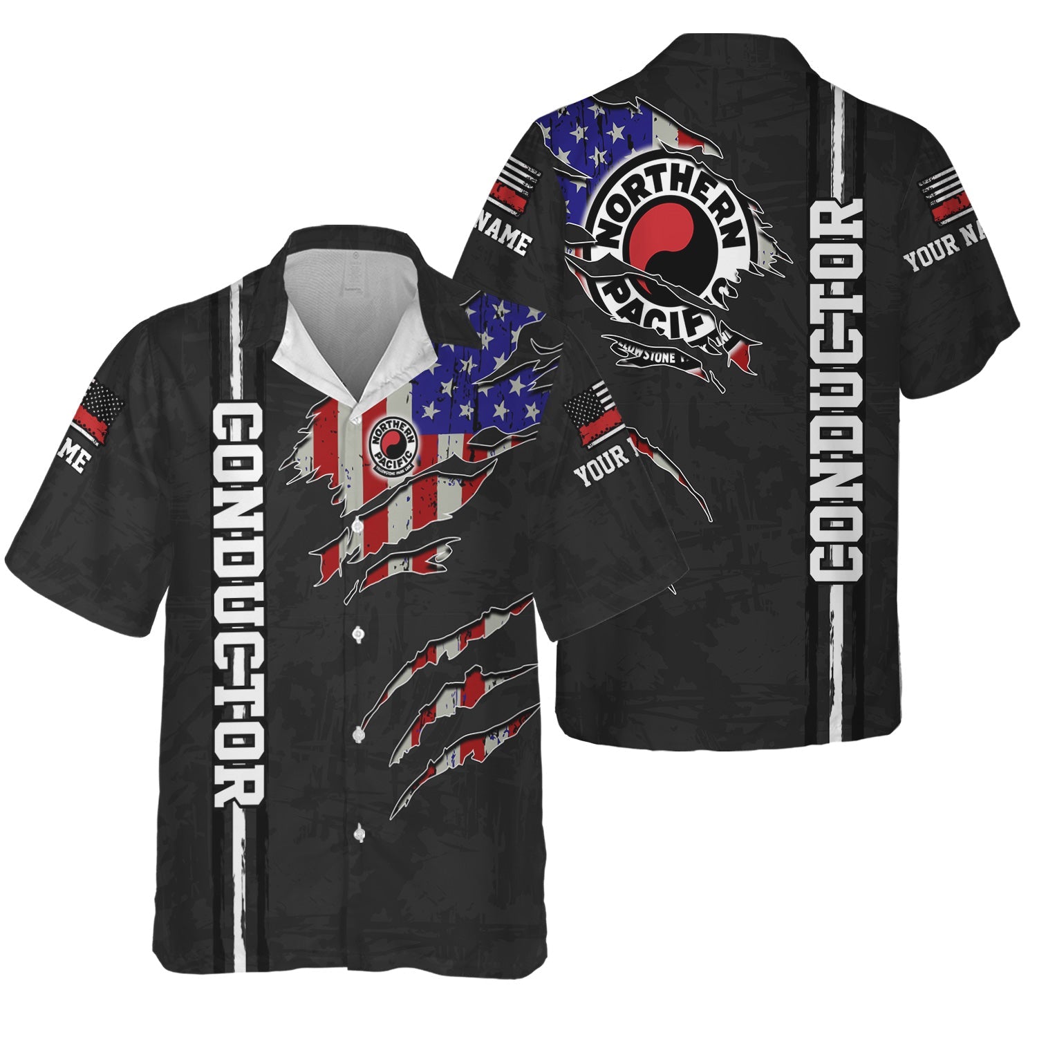 Railspirit Personalized Northern Pacific Railway Hawaiian Shirt USA Flag Claw Art with Custom Job Train Shirt