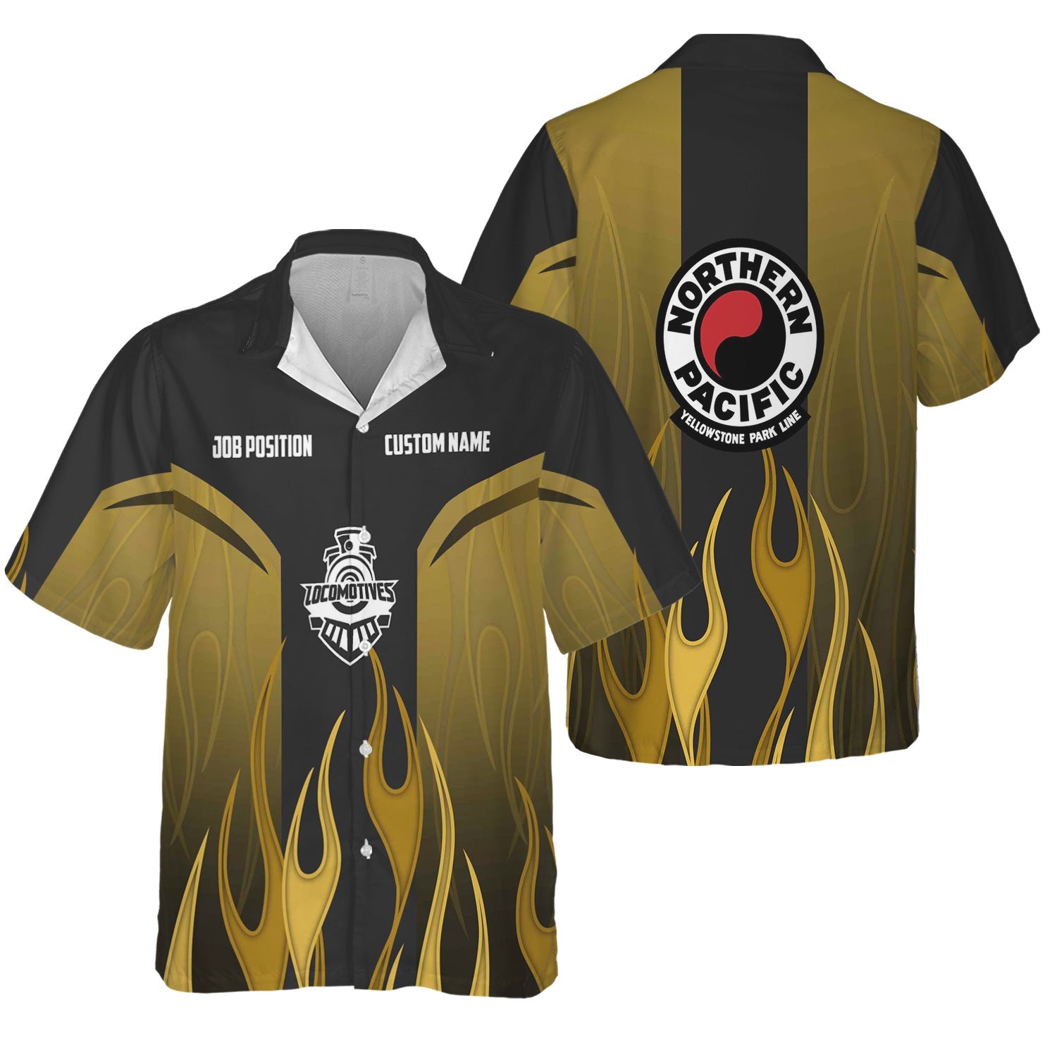 Railspirit Custom Name and Job Title Northern Pacific Railway Hawaiian Shirt Flame Graphic Train Shirt For Rail Workers