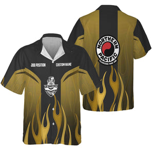 Railspirit Custom Name and Job Title Northern Pacific Railway Hawaiian Shirt Flame Graphic Train Shirt For Rail Workers