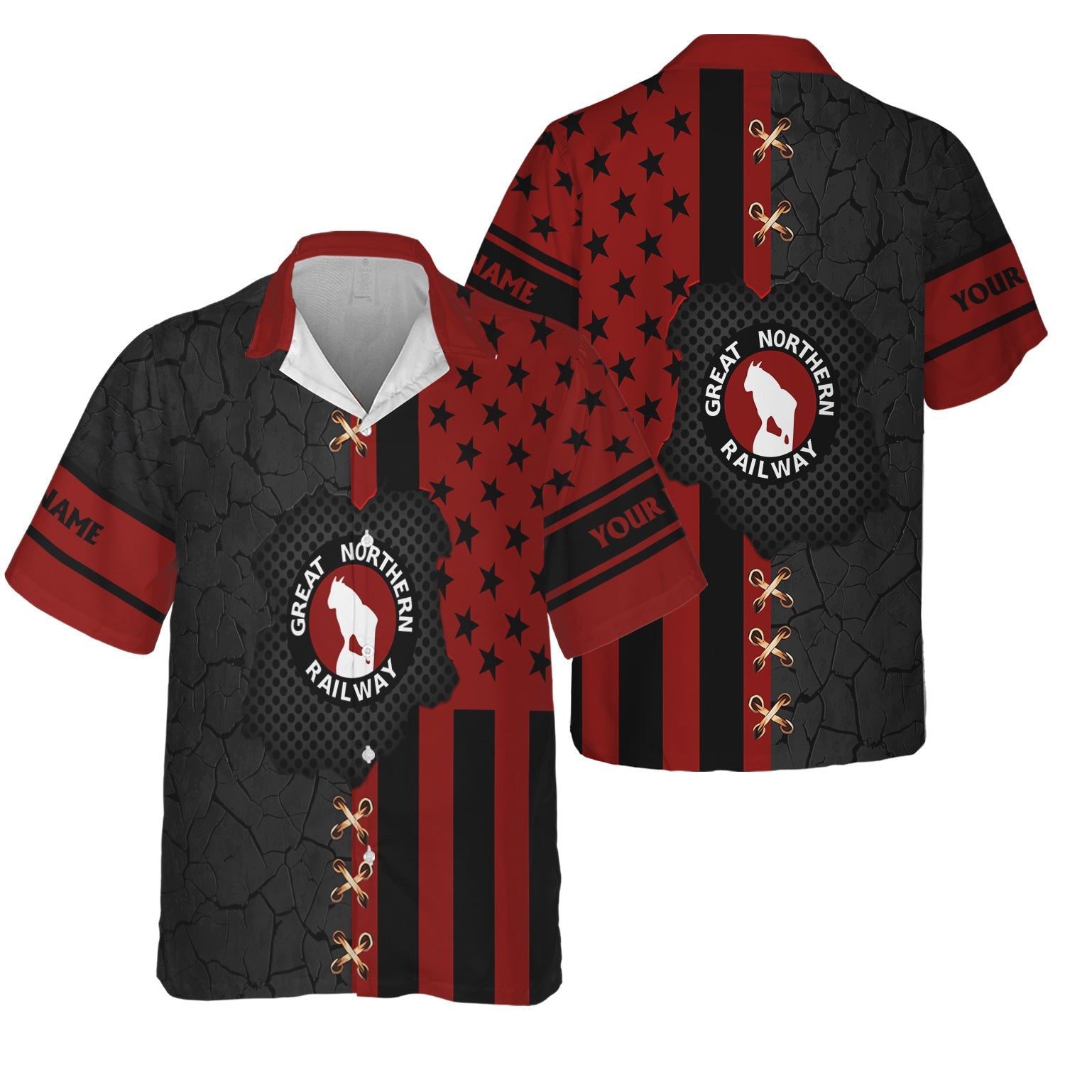 Railspirit Personalized Great Northern Railway Hawaiian Shirt American Flag with Crack Effect GNR Train Shirt