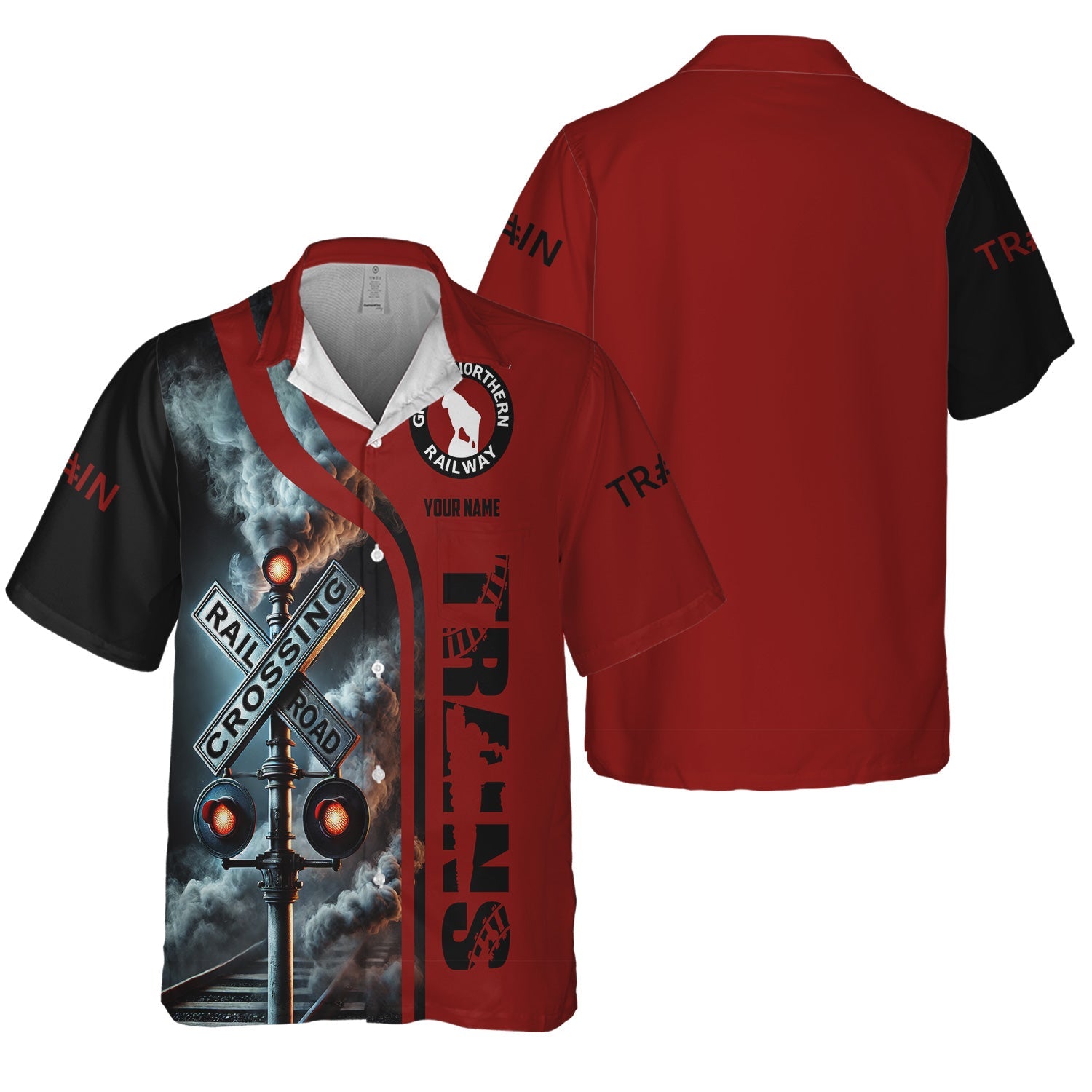 Railspirit Custom Name Great Northern Railway Hawaiian Shirt Railroad Crossing Sign GNR Printed Train Shirt