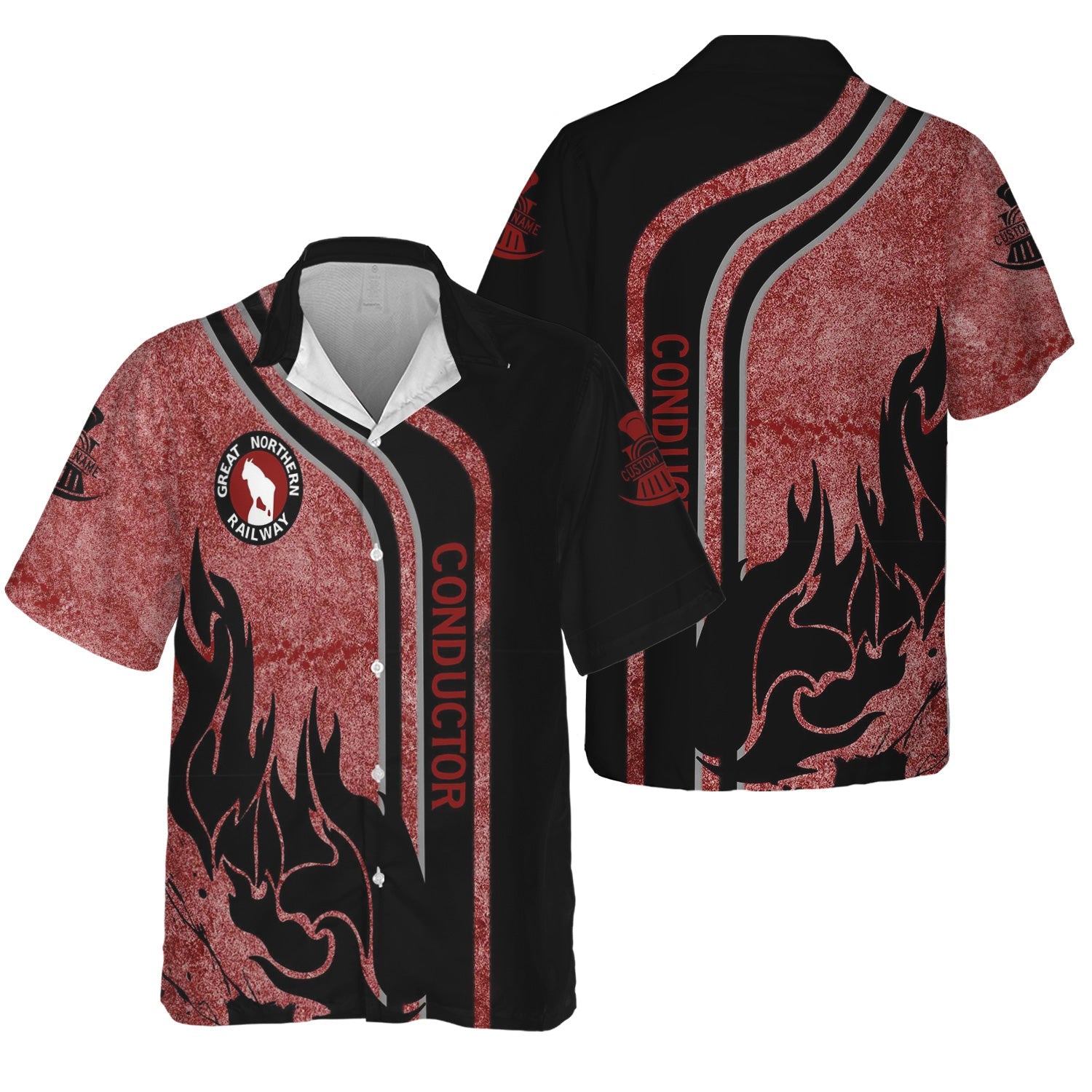 Railspirit Personalized Great Northern Railway Hawaiian Shirt Flame Design with Custom Job Position GNR Train Shirt
