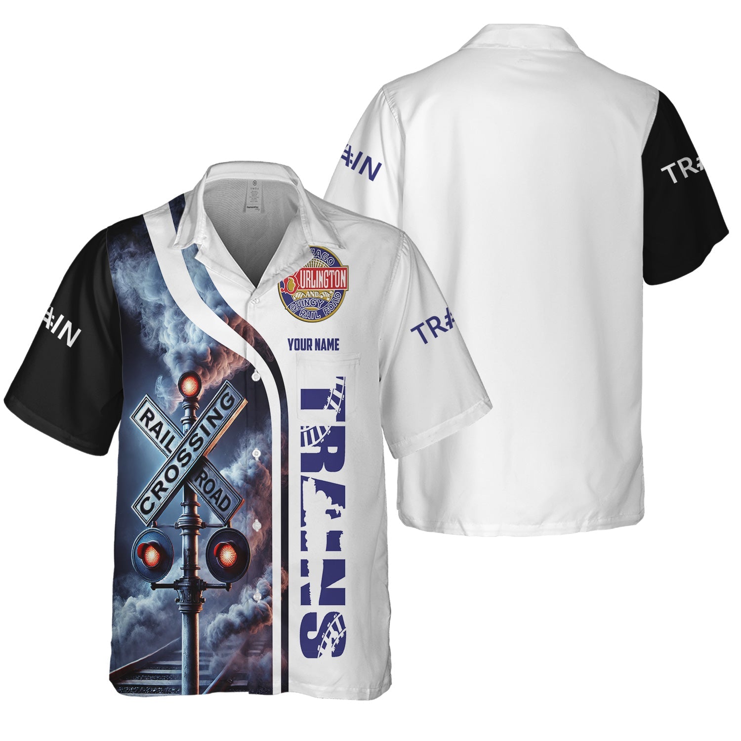 Railspirit Custom Name Chicago, Burlington and Quincy Railroad Hawaiian Shirt Railroad Crossing Sign Printed Train Shirt