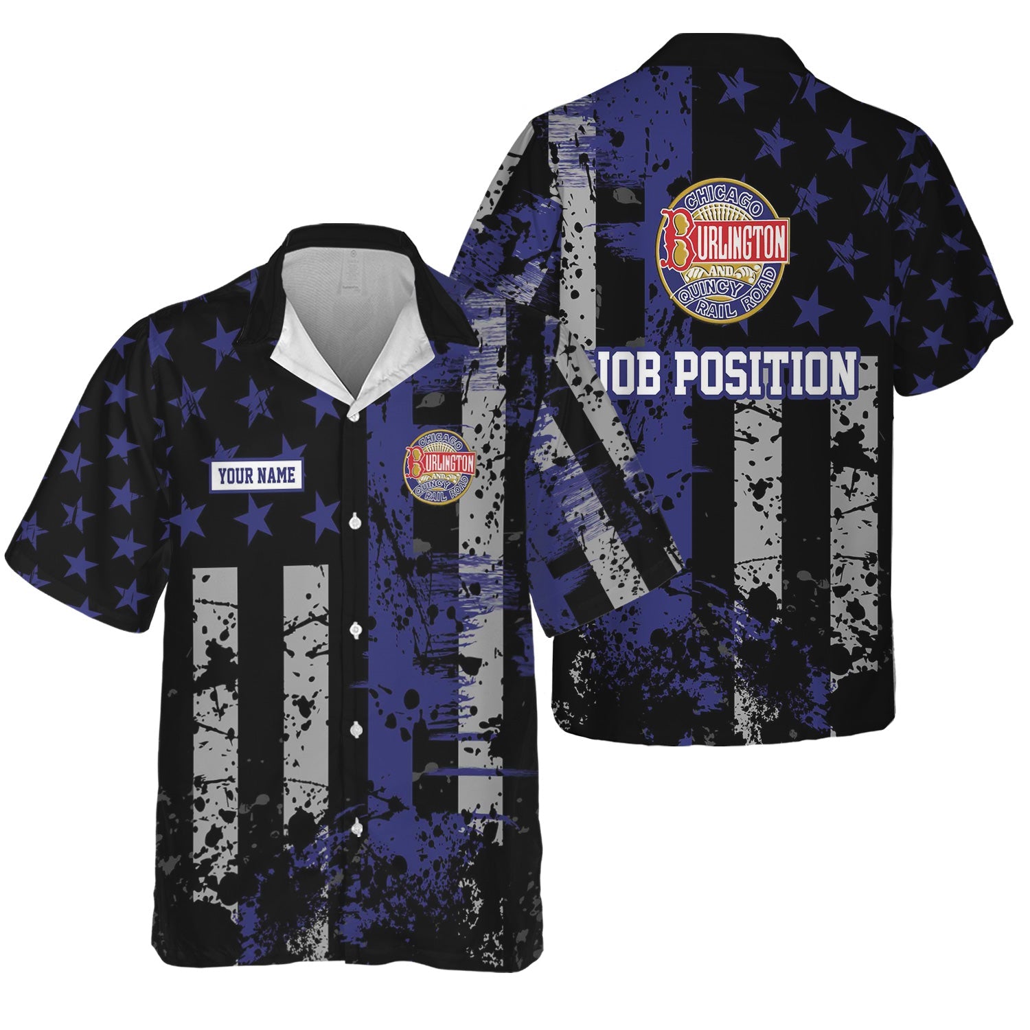 Railspirit Personalized Chicago, Burlington and Quincy Railroad Hawaiian Shirt Artistic Paint American Flag Style Train Shirt