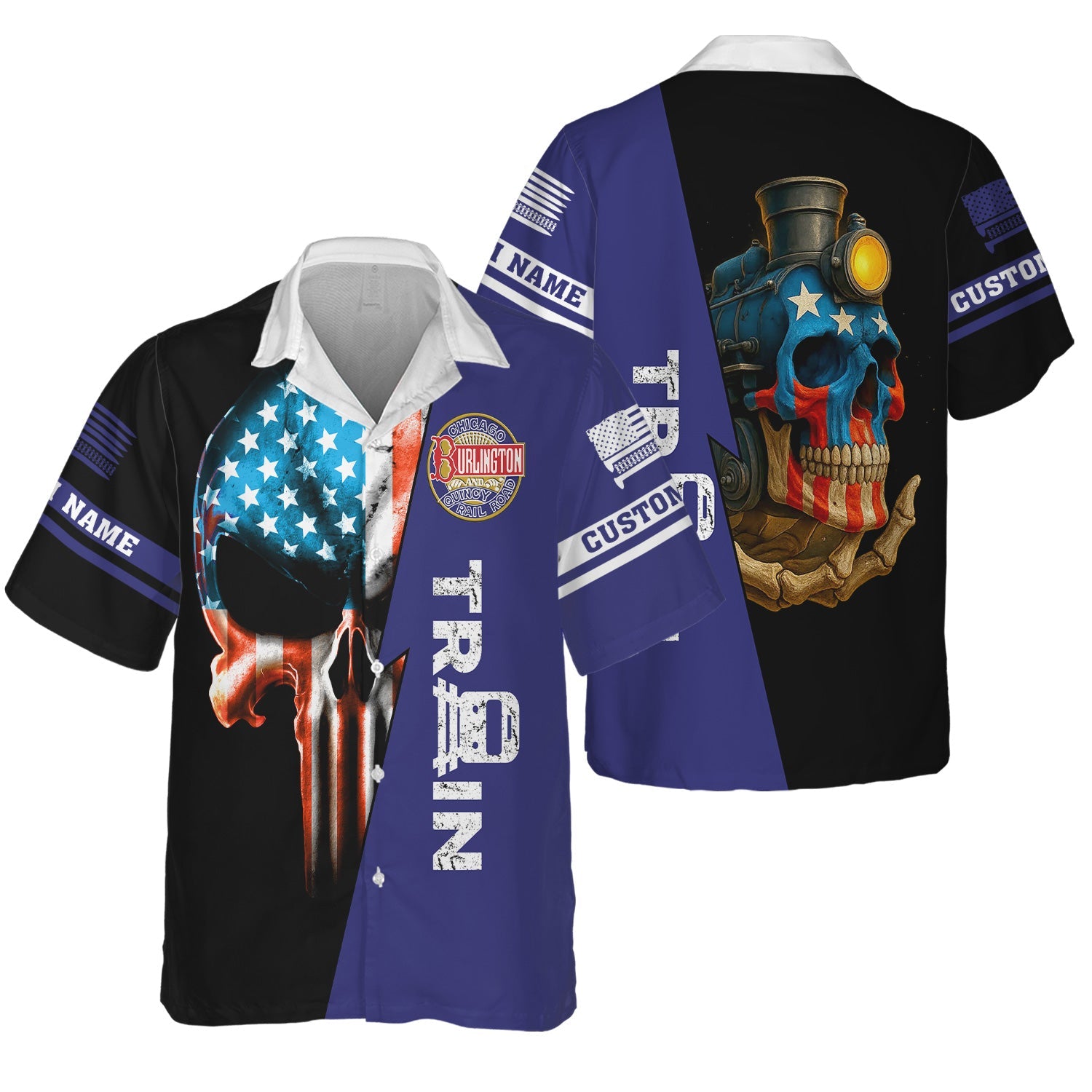 Railspirit Personalized Chicago, Burlington and Quincy Railroad Hawaiian Shirt Train Skull American Flag Shirt All Over Print