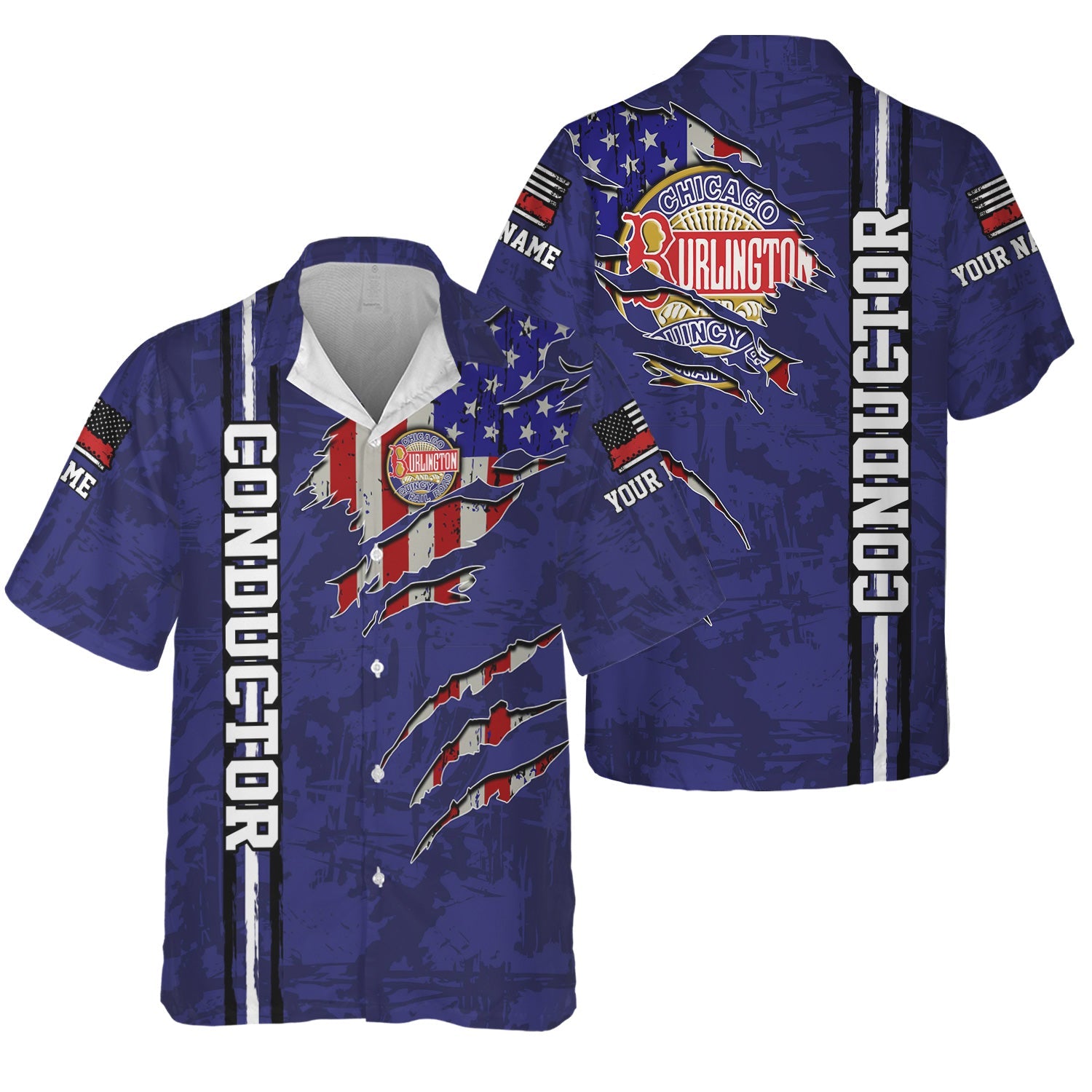Railspirit Personalized Chicago, Burlington and Quincy Railroad Hawaiian Shirt USA Flag Claw Art with Custom Job Train Shirt