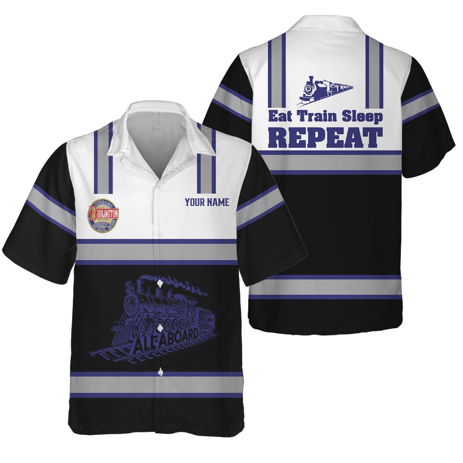 Railspirit Custom Name Chicago, Burlington and Quincy Railroad Hawaiian Shirt Eat Train Sleep Repeat Printed Train Shirt