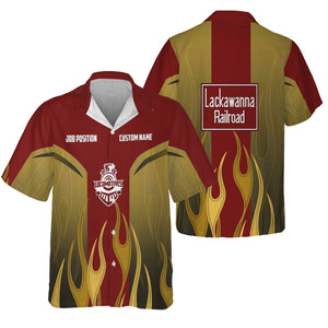 Railspirit Custom Name and Job Title Delaware, Lackawanna and Western Railroad Hawaiian Shirt Flame Graphic DL&W Train Shirt For Rail Workers