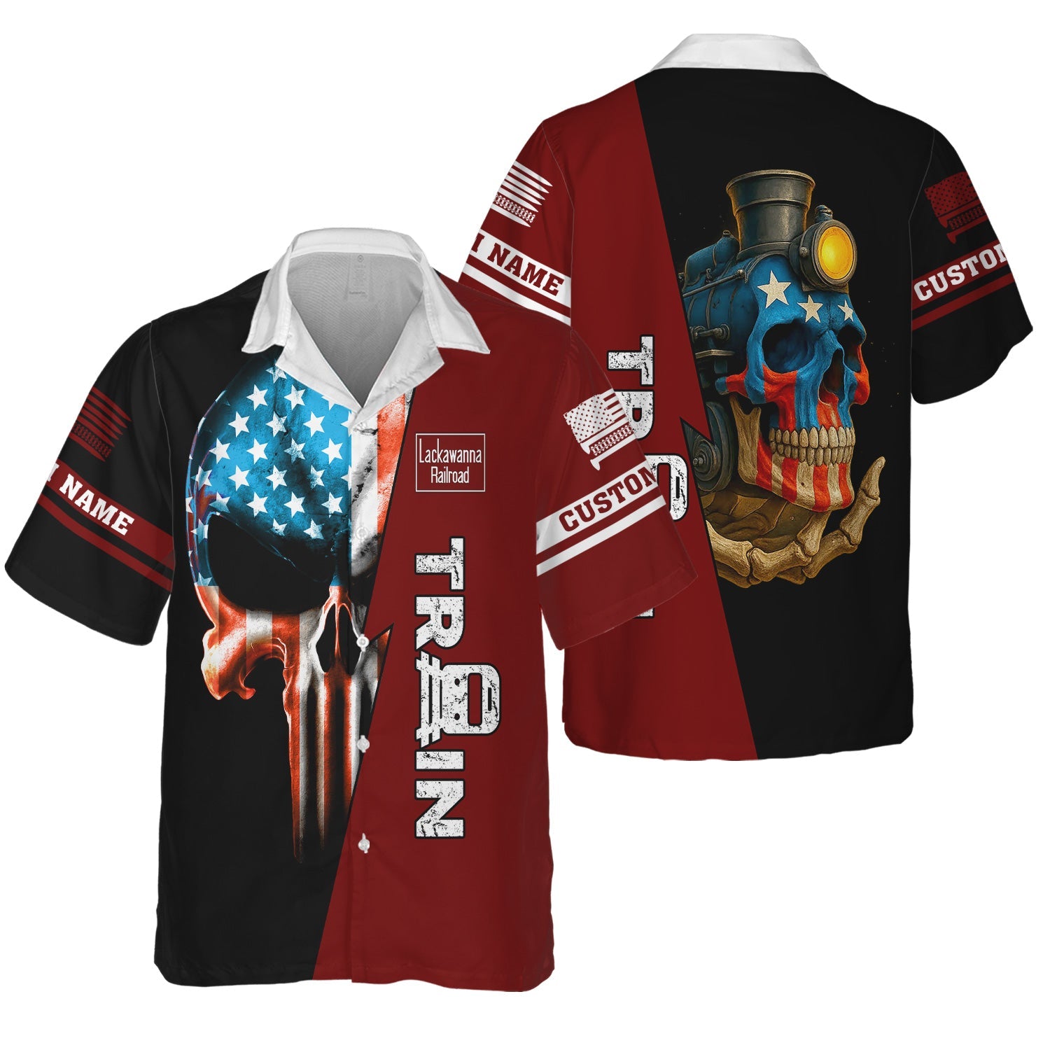 Railspirit Personalized Delaware, Lackawanna and Western Railroad Hawaiian Shirt Train Skull American Flag DL&W Shirt All Over Print