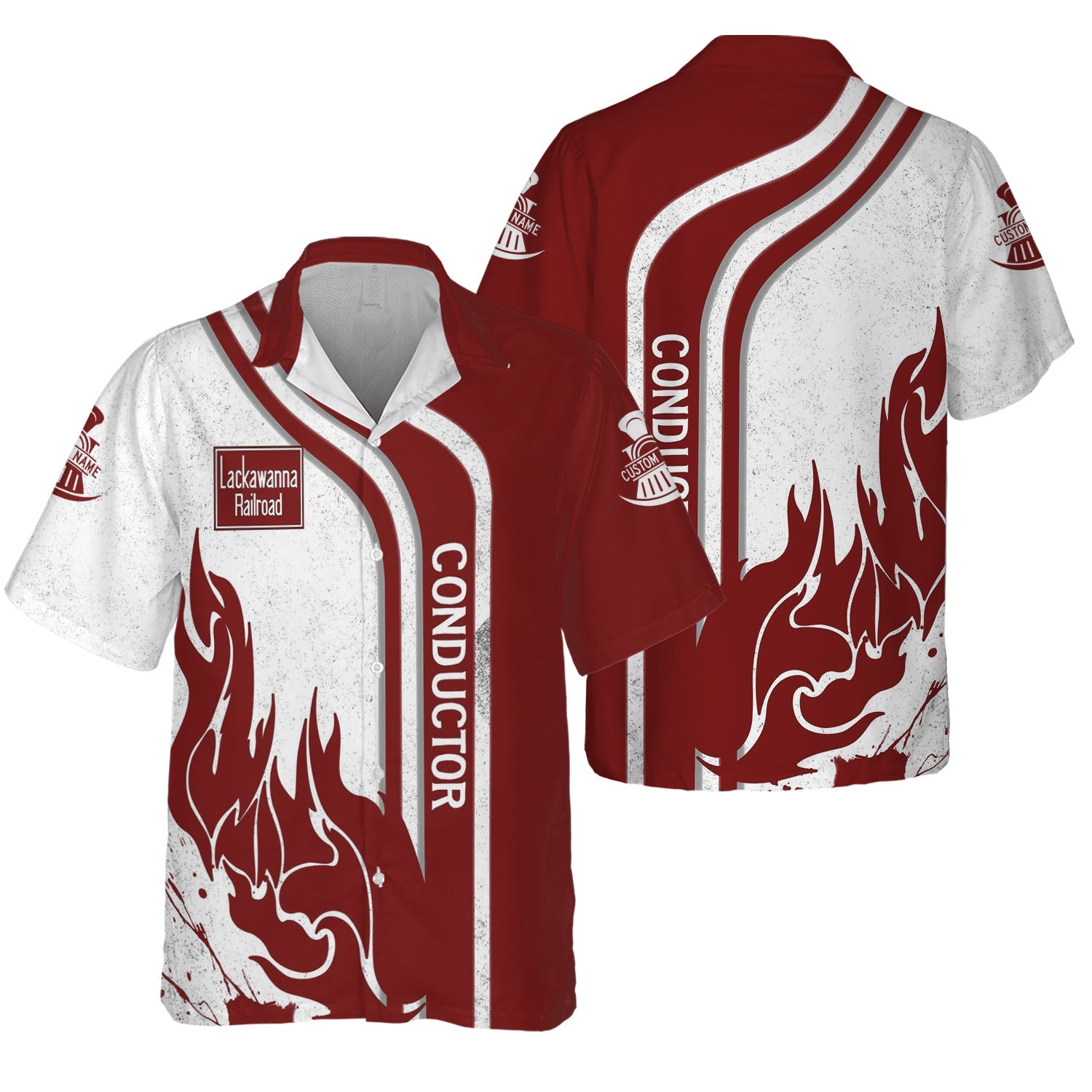 Railspirit Personalized Delaware, Lackawanna and Western Railroad Hawaiian Shirt Flame Design with Custom Job Position DL&W Train Shirt