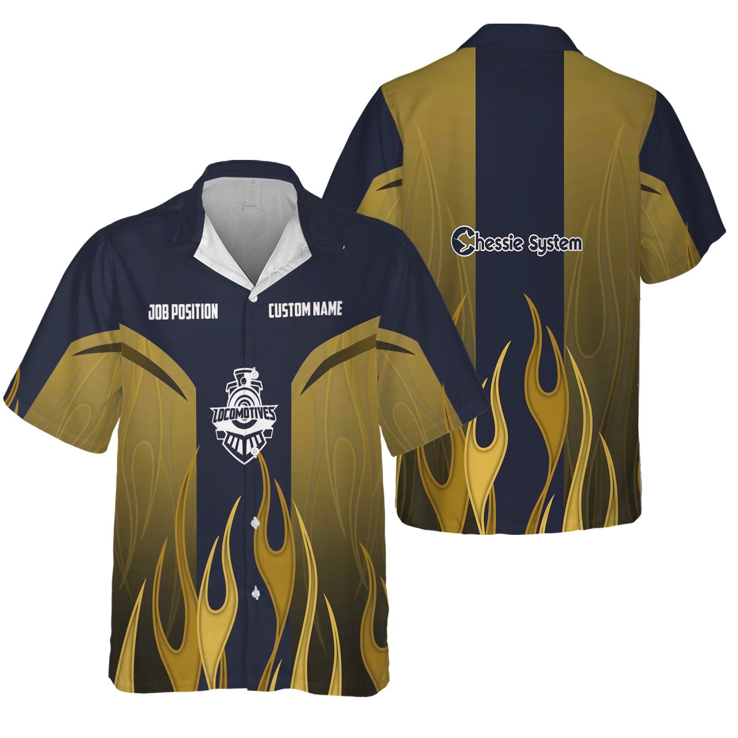Railspirit Custom Name and Job Title Chessie System Railroad Hawaiian Shirt Flame Graphic Train Shirt For Rail Workers