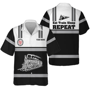 Railspirit Custom Name Atlantic Coast Line Railroad Hawaiian Shirt Eat Train Sleep Repeat Printed Train Shirt