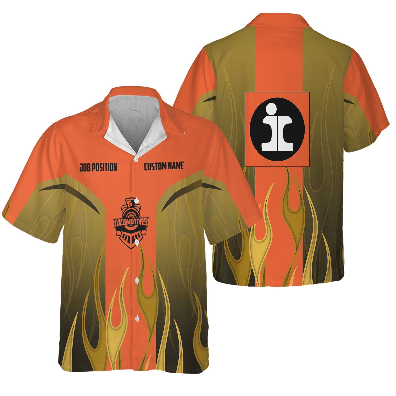 Railspirit Custom Name and Job Title Illinois Central Railroad Hawaiian Shirt Flame Graphic Train Shirt For Rail Workers