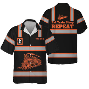 Railspirit Custom Name Illinois Central Railroad Hawaiian Shirt Eat Train Sleep Repeat Printed Train Shirt