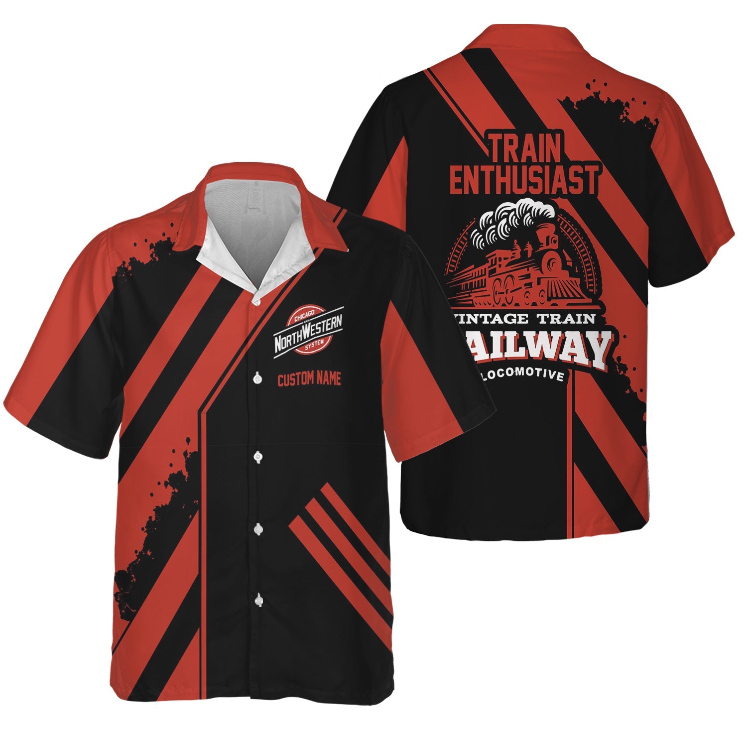 Railspirit Personalized Chicago and North Western Railway Hawaiian Shirt Locomotive Design Train Shirt for Train Enthusiast
