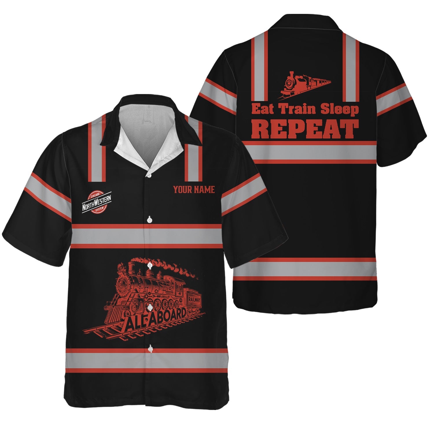 Railspirit Custom Name Chicago and North Western Railway Hawaiian Shirt Eat Train Sleep Repeat Printed Train Shirt