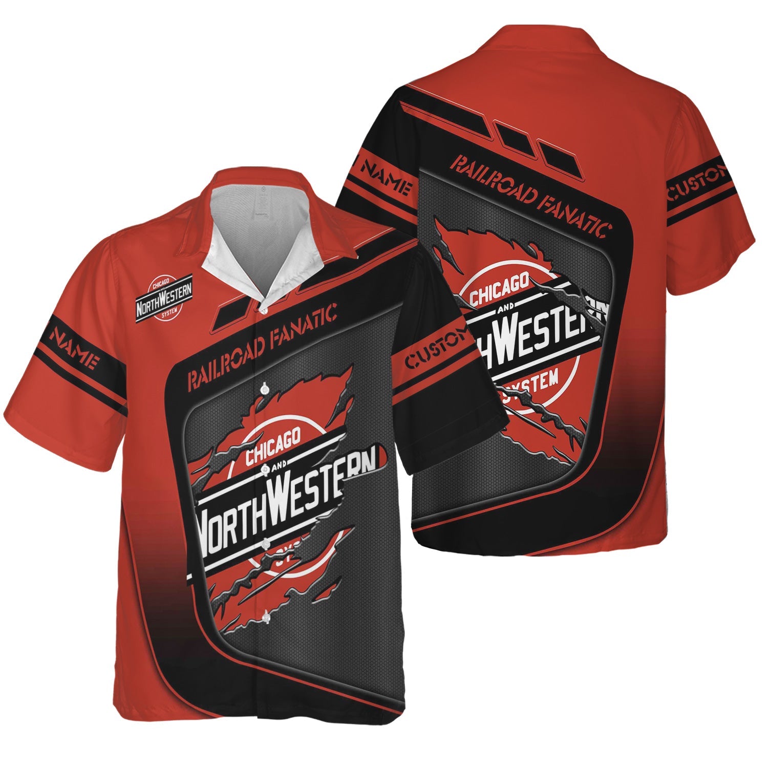 Railspirit Personalized Chicago and North Western Railway Hawaiian Shirt Ripped Texture Style Train Shirt For Railroad Fanatic