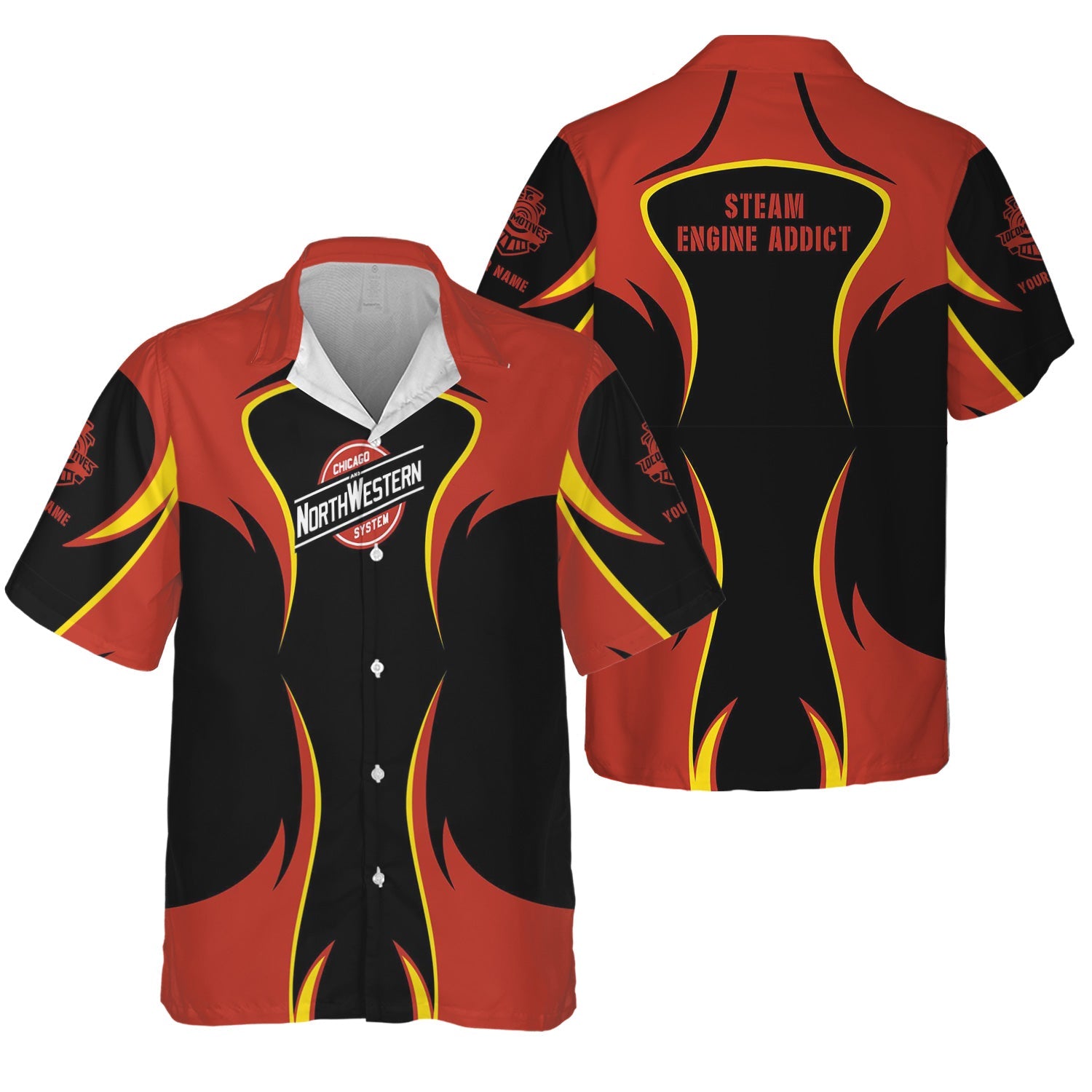 Railspirit Personalized Chicago and North Western Railway Hawaiian Shirt Distinctive Flame Style Shirt For Steam Engine Addict