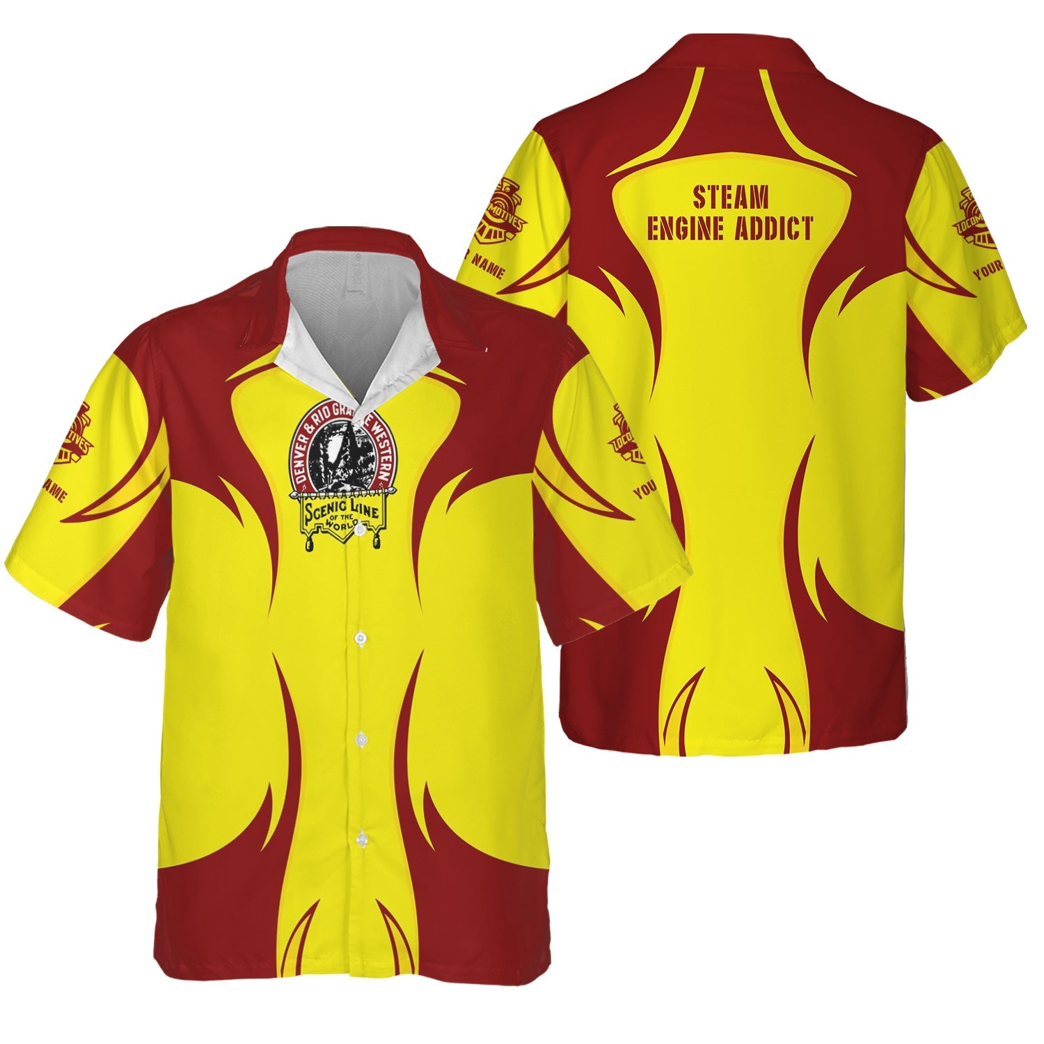 Railspirit Personalized Denver and Rio Grande Western Railroad Hawaiian Shirt Distinctive Flame Style Shirt For Steam Engine Addict