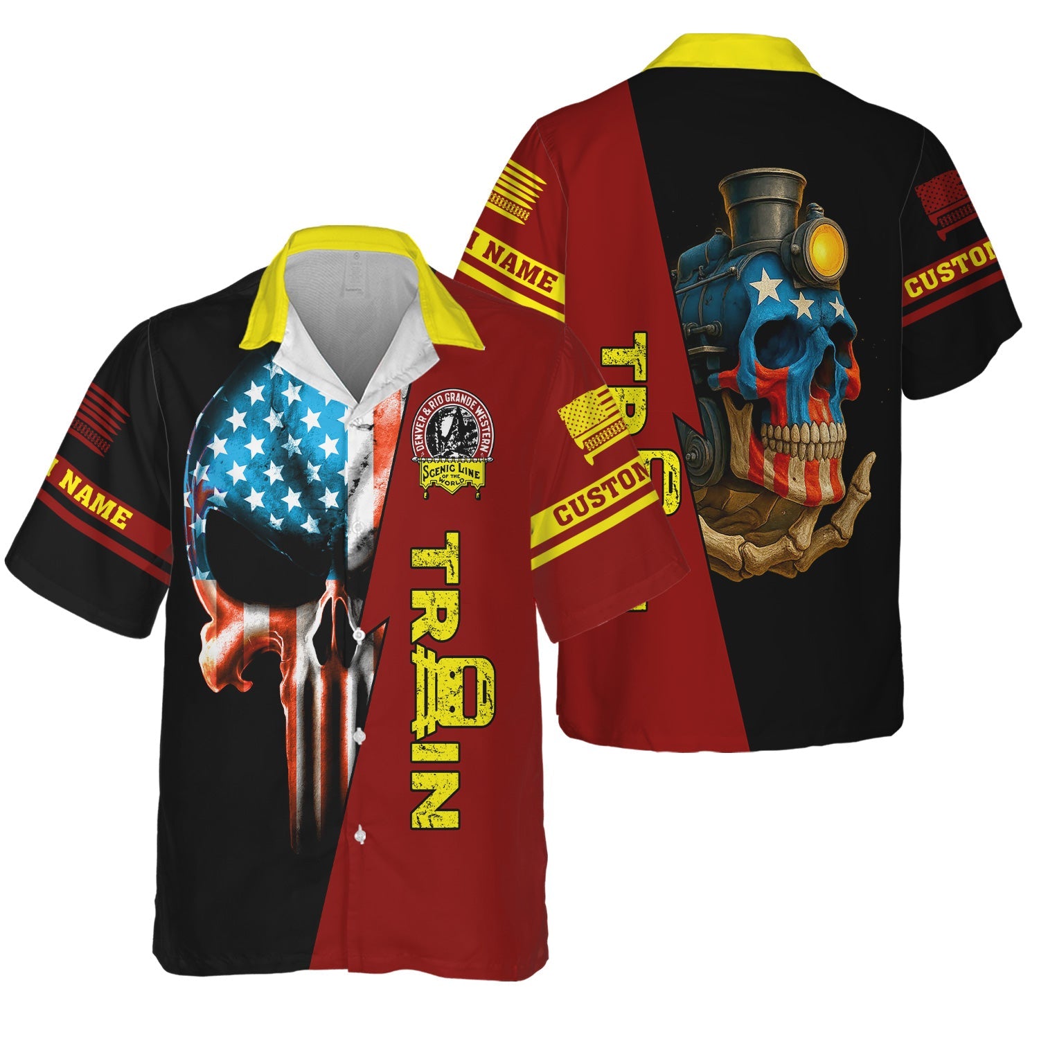 Railspirit Personalized Denver and Rio Grande Western Railroad Hawaiian Shirt Train Skull American Flag Shirt All Over Print