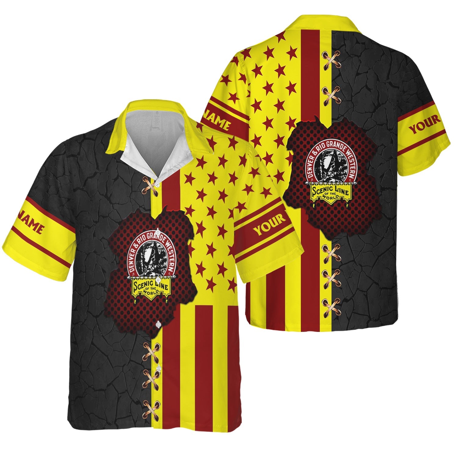 Railspirit Personalized Denver and Rio Grande Western Railroad Hawaiian Shirt American Flag with Crack Effect Train Shirt