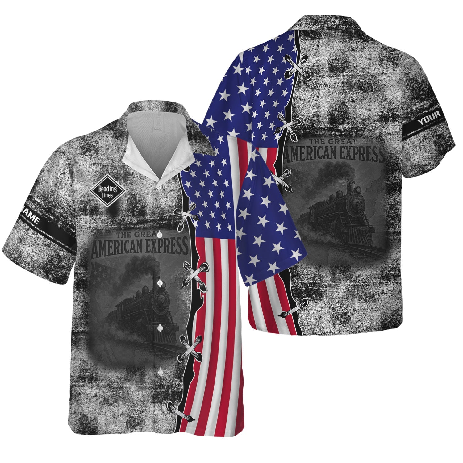 Railspirit Personalized Reading Railroad Hawaiian Shirt Retro American Express Train With USA Flag Shirt