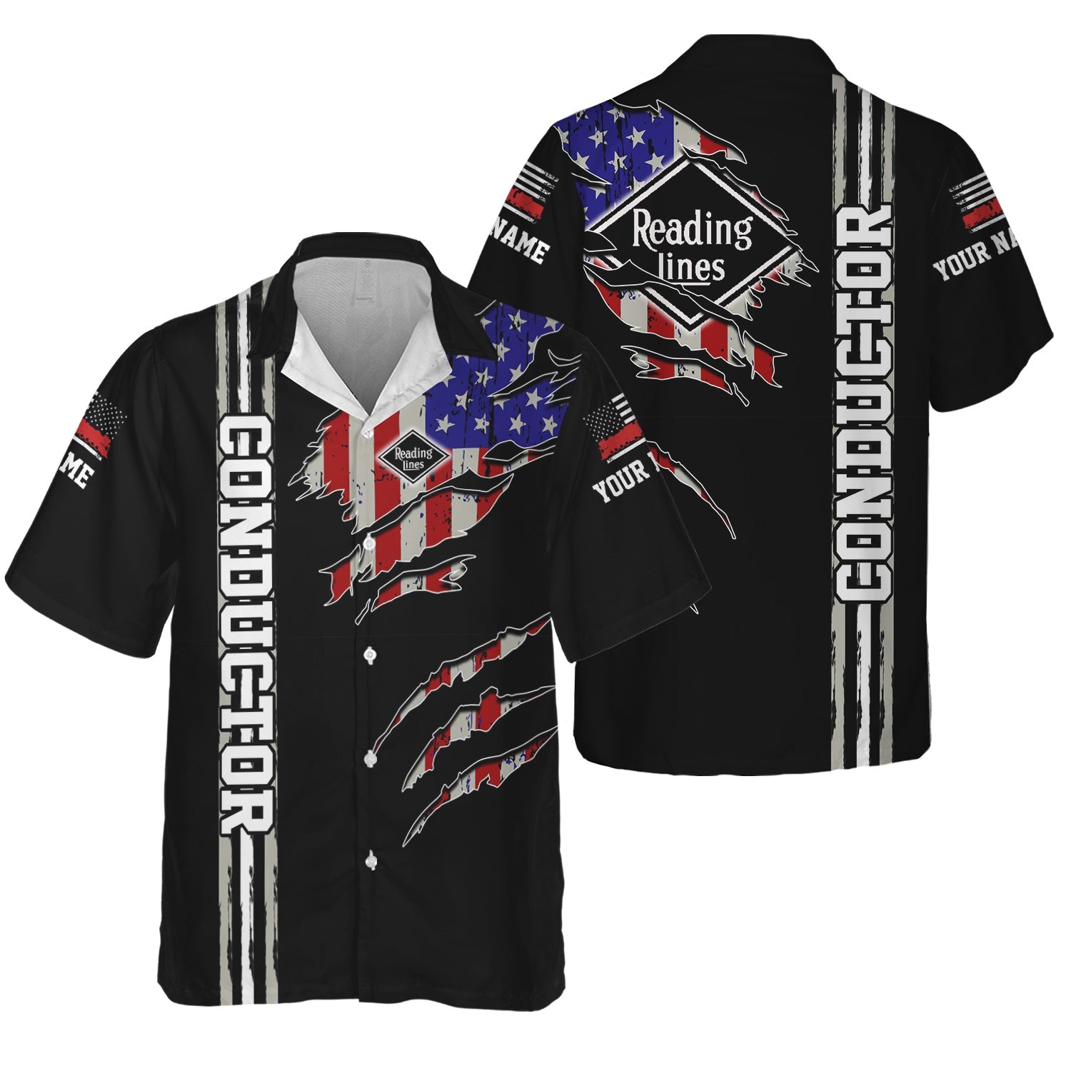 Railspirit Personalized Reading Railroad Hawaiian Shirt USA Flag Claw Art with Custom Job Train Shirt