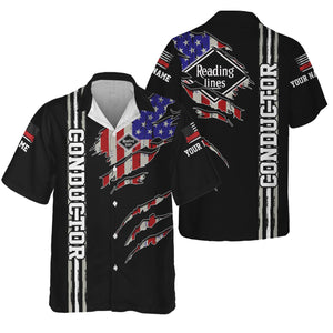Railspirit Personalized Reading Railroad Hawaiian Shirt USA Flag Claw Art with Custom Job Train Shirt