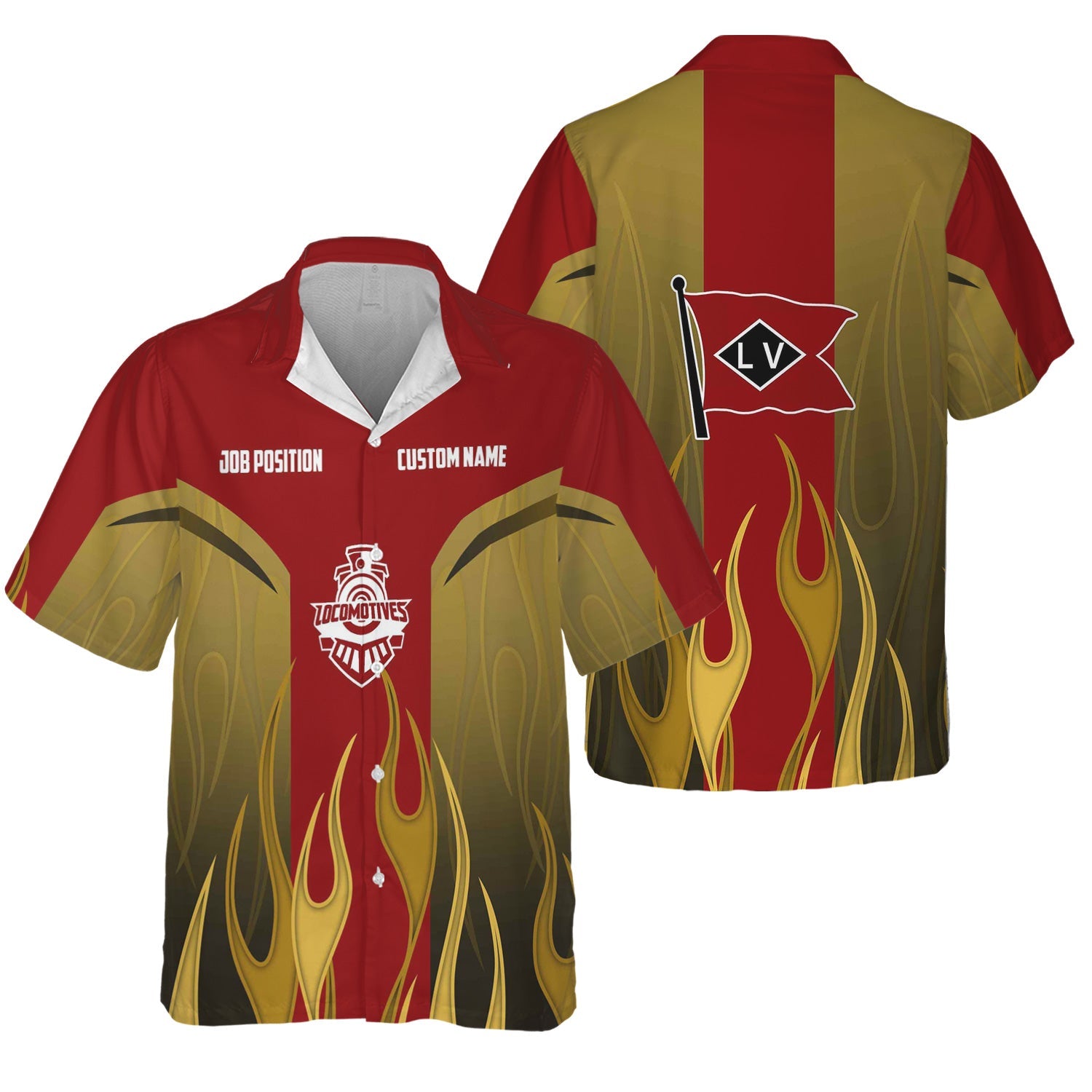 Railspirit Custom Name and Job Title Lehigh Valley Railroad Hawaiian Shirt Flame Graphic Train Shirt For Rail Workers
