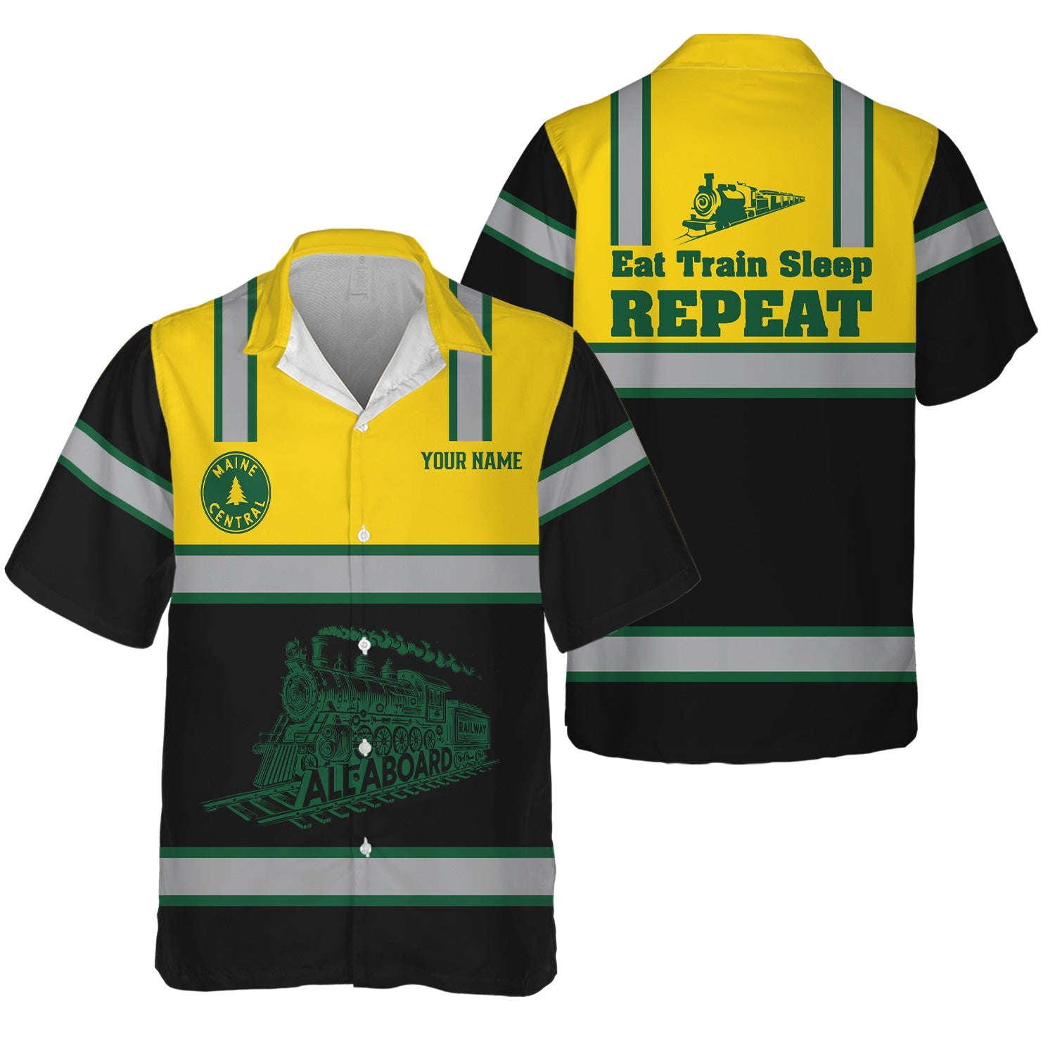 Railspirit Custom Name Maine Central Railroad Hawaiian Shirt Eat Train Sleep Repeat Printed Train Shirt