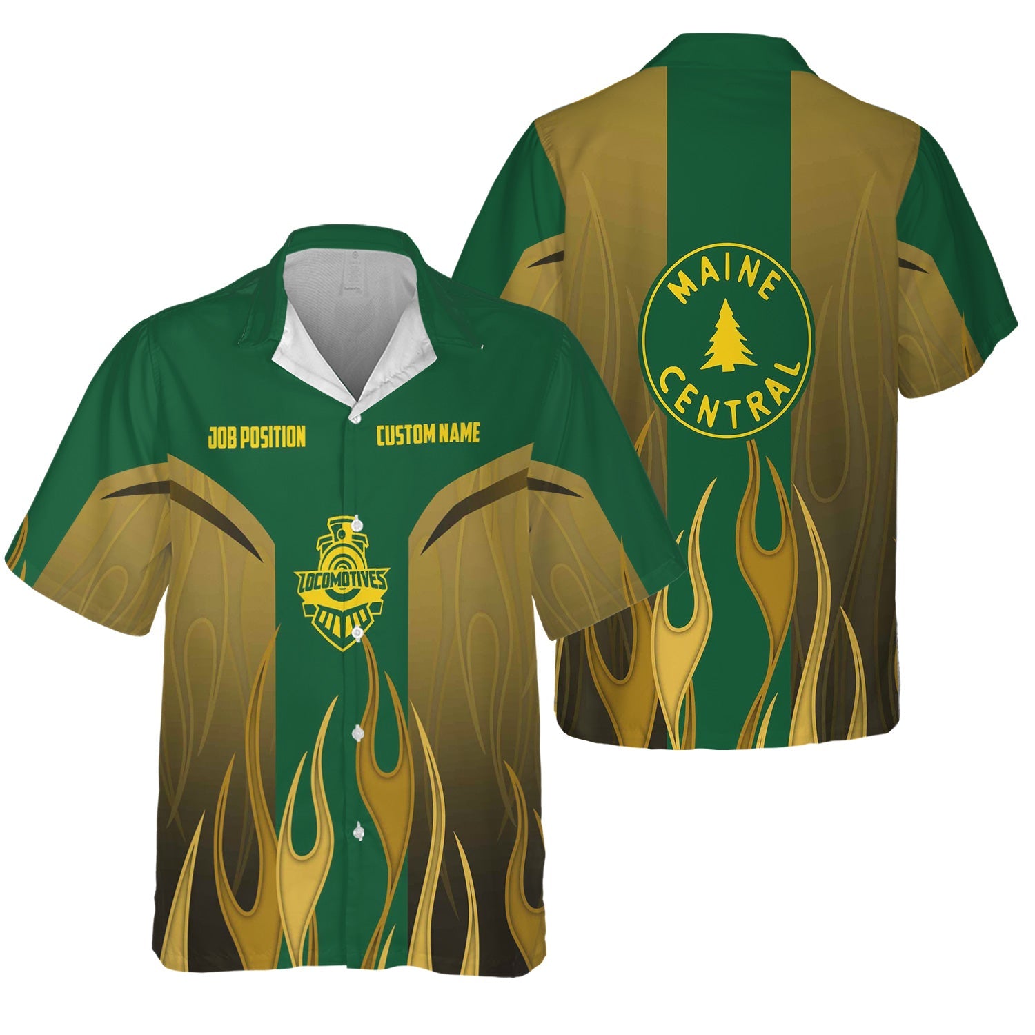 Railspirit Custom Name and Job Title Maine Central Railroad Hawaiian Shirt Flame Graphic Train Shirt For Rail Workers
