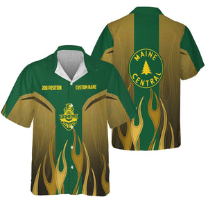 Railspirit Custom Name and Job Title Maine Central Railroad Hawaiian Shirt Flame Graphic Train Shirt For Rail Workers