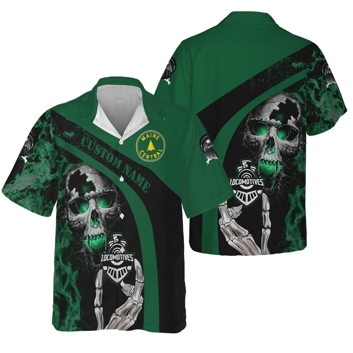 Railspirit Personalized Maine Central Railroad Hawaiian Shirt Flame Skull Design Train Shirt for Locomotive Fans
