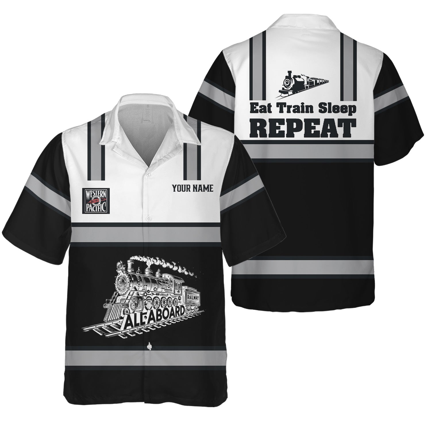 Railspirit Custom Name Western Pacific Railroad Hawaiian Shirt Eat Train Sleep Repeat Printed Train Shirt