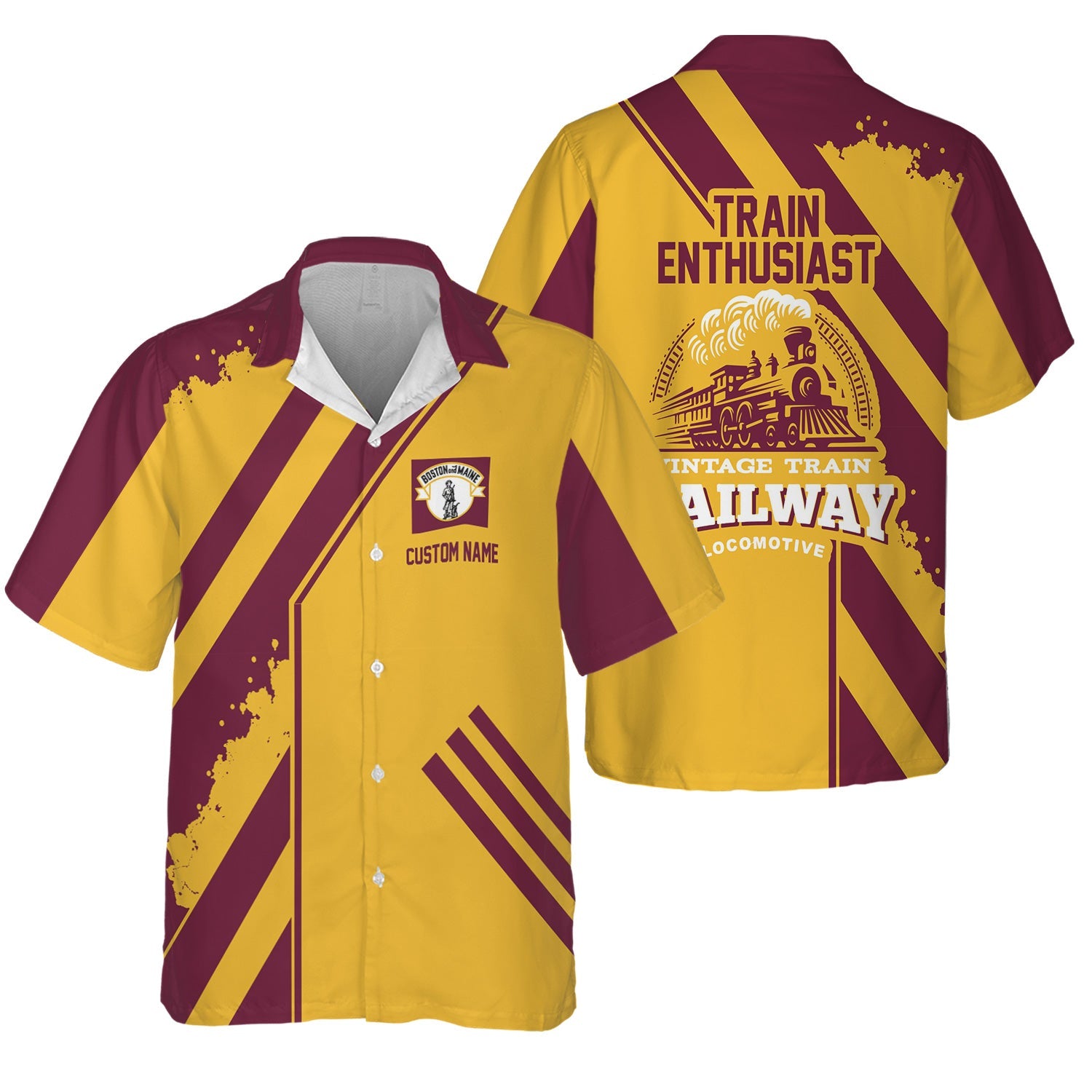 Railspirit Personalized Boston and Maine Railroad Hawaiian Shirt Locomotive Design Train Shirt for Train Enthusiast