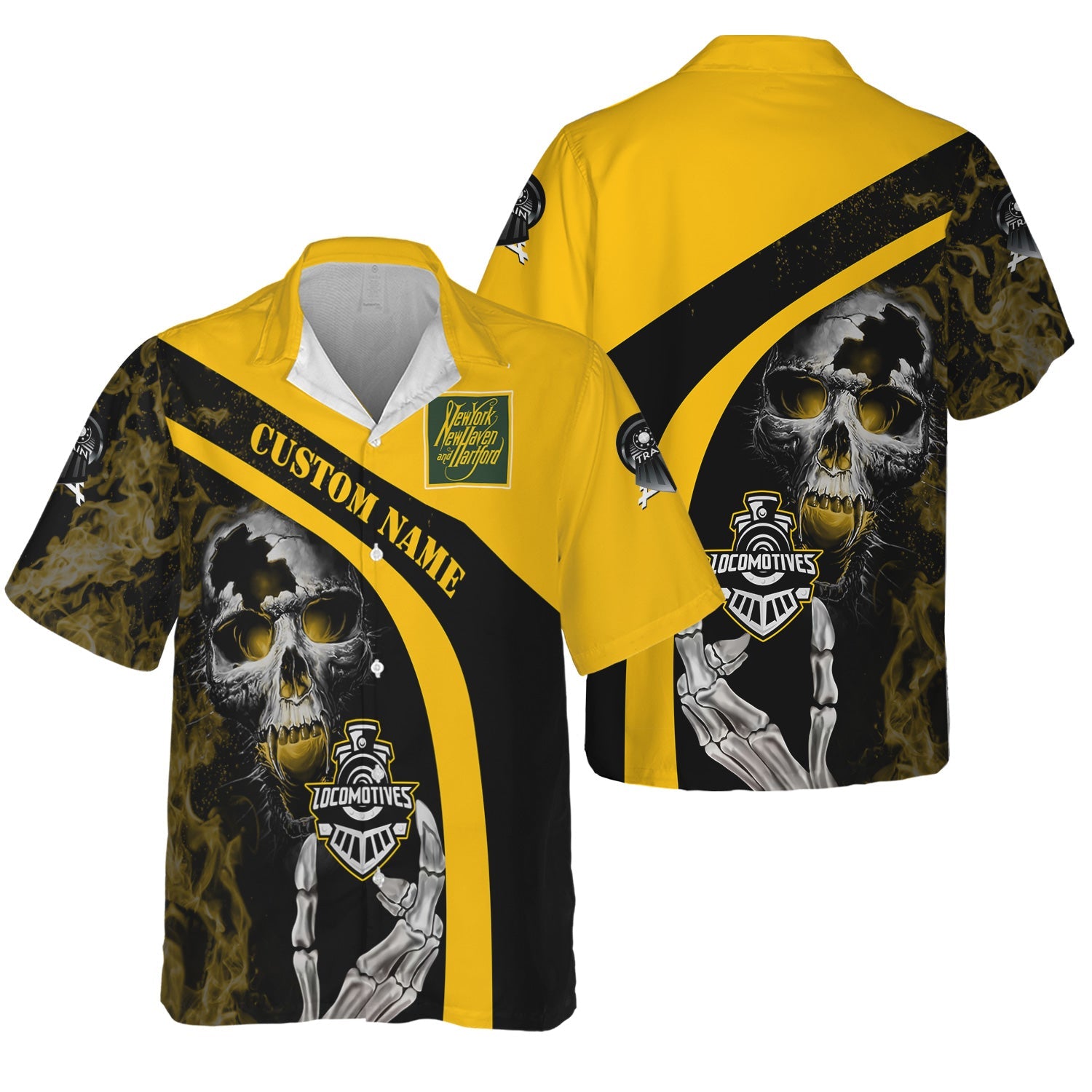 Railspirit Personalized New York, New Haven and Hartford Railroad Hawaiian Shirt Flame Skull Design New Haven Railroad Train Shirt