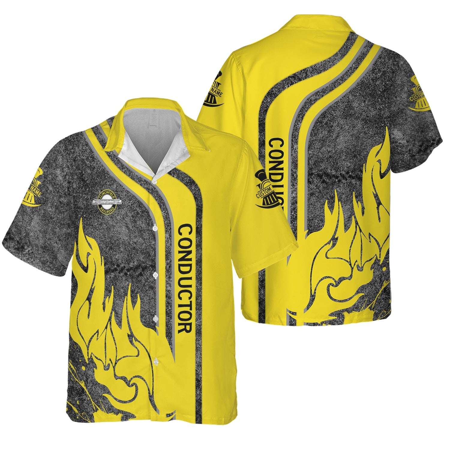 Railspirit Personalized Clinchfield Railroad Hawaiian Shirt Flame Design with Custom Job Position Train Shirt