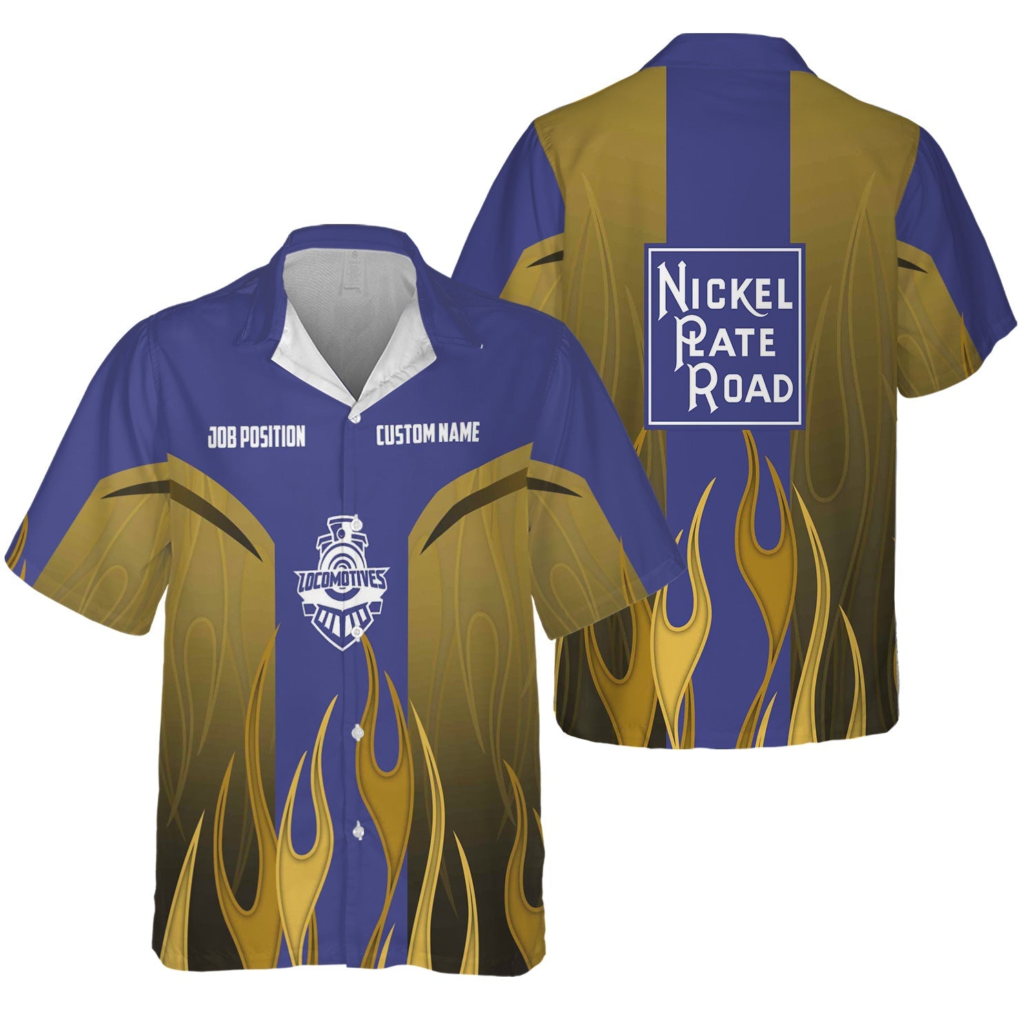Railspirit Custom Name and Job Title New York, Chicago and St. Louis Railroad Hawaiian Shirt Flame Graphic Nickel Plate Road Train Shirt