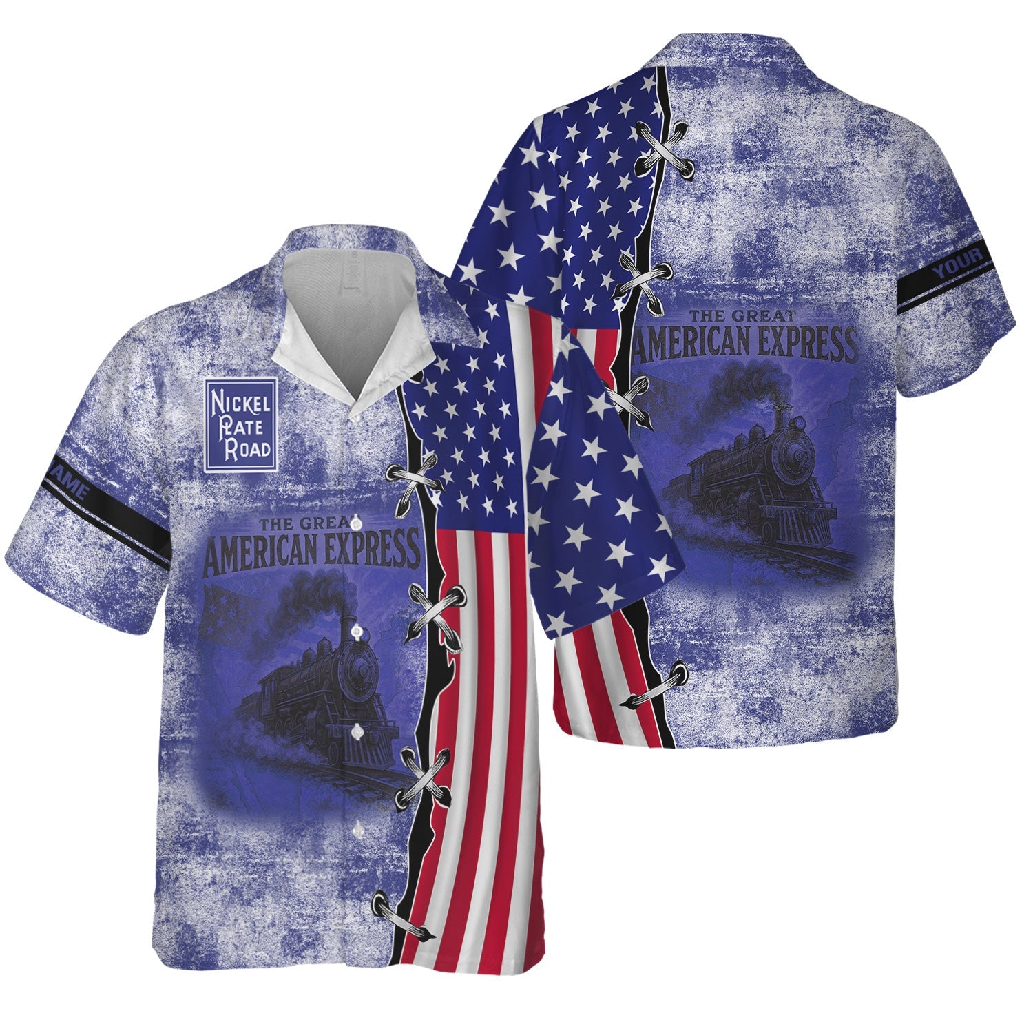 Railspirit Personalized New York, Chicago and St. Louis Railroad Hawaiian Shirt Retro American Express Train With USA Flag Nickel Plate Road Shirt
