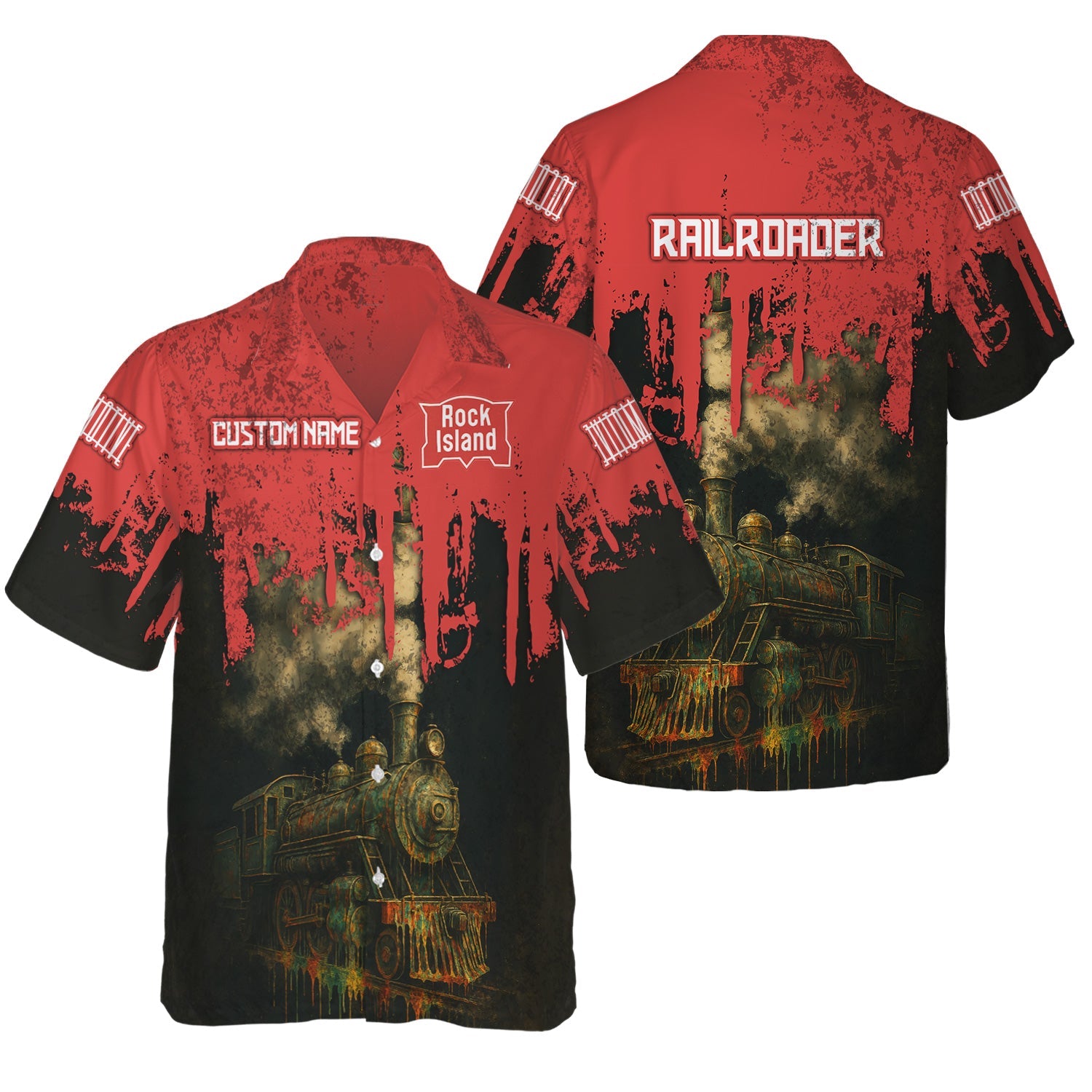 Railspirit Personalized Chicago, Rock Island and Pacific Railroad Hawaiian Shirt Vintage Train Art Style Rock Island Railroad Shirt