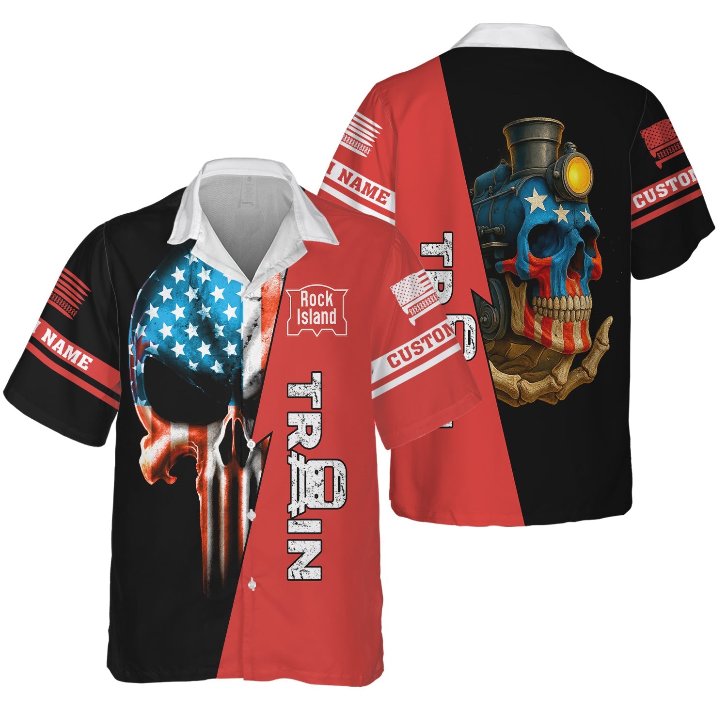 Railspirit Personalized Chicago, Rock Island and Pacific Railroad Hawaiian Shirt Train Skull American Flag Rock Island Railroad Shirt