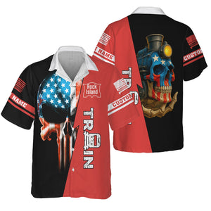 Railspirit Personalized Chicago, Rock Island and Pacific Railroad Hawaiian Shirt Train Skull American Flag Rock Island Railroad Shirt