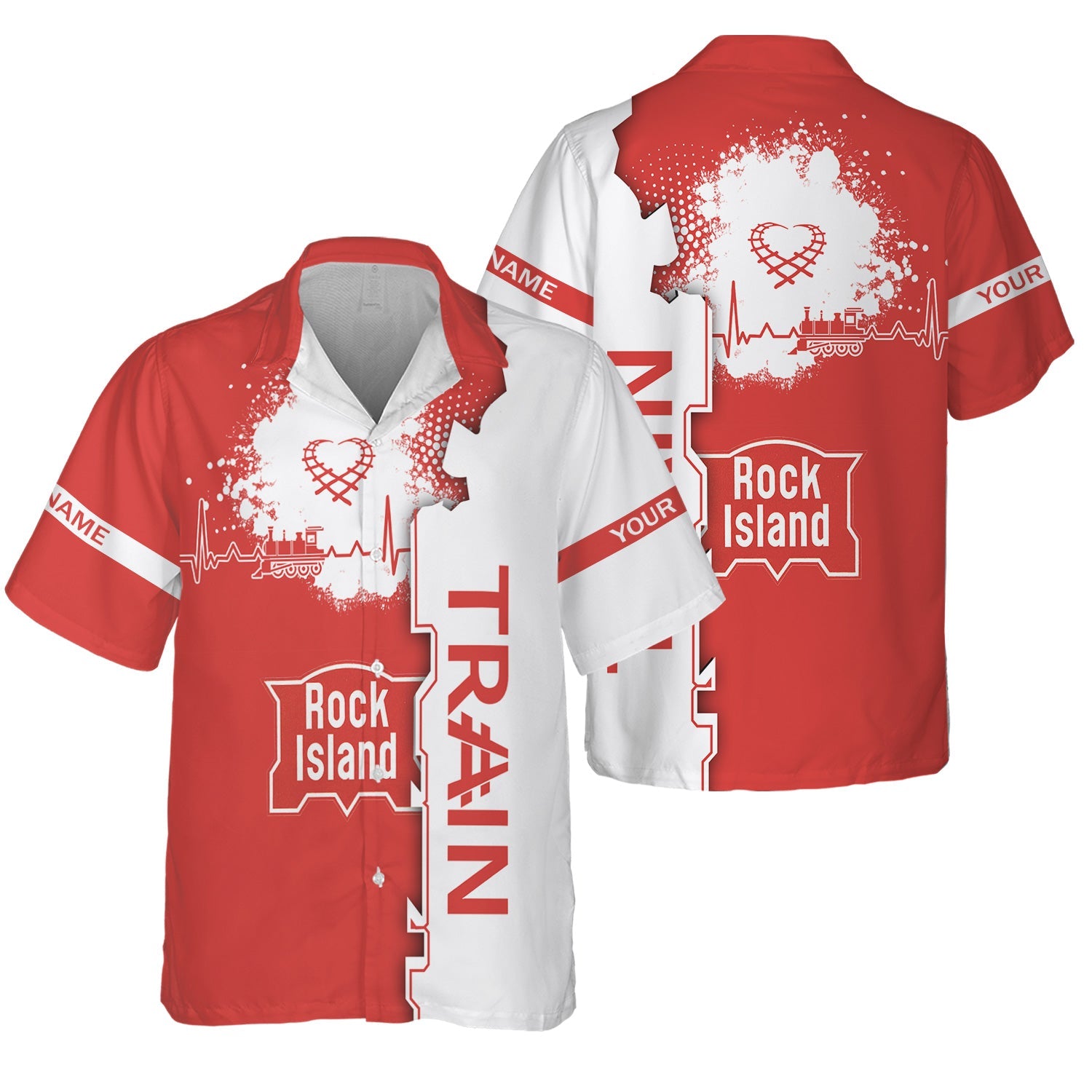 Railspirit Personalized Chicago, Rock Island and Pacific Railroad Hawaiian Shirt Engine Heartbeat and Track Love Style Rock Island Railroad Shirt