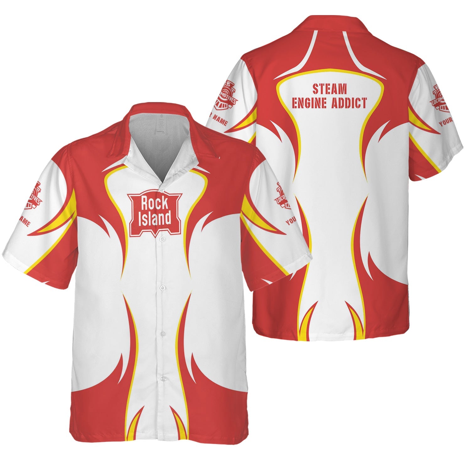 Railspirit Personalized Chicago, Rock Island and Pacific Railroad Hawaiian Shirt Flame Style Rock Island Railroad Shirt For Steam Engine Addict