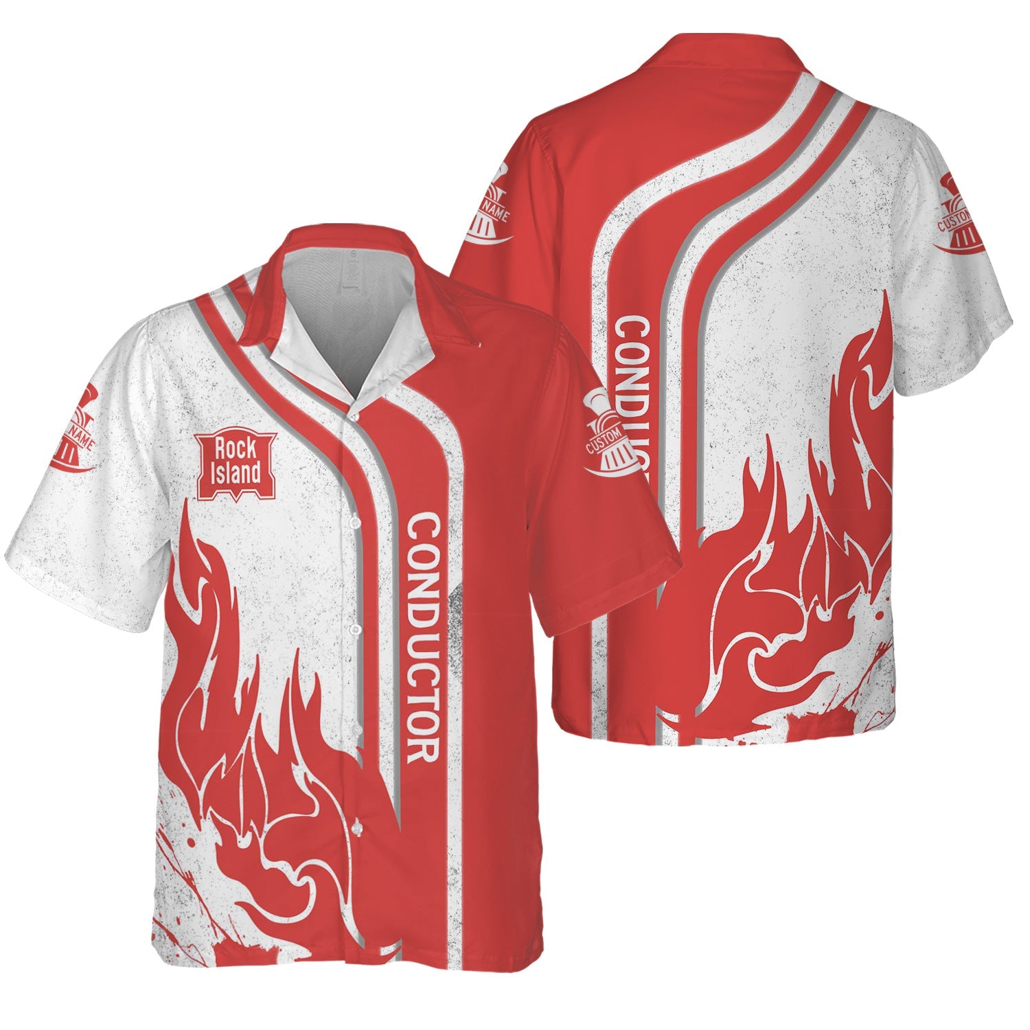 Railspirit Personalized Chicago, Rock Island and Pacific Railroad Hawaiian Shirt Flame Design Custom Job Position Rock Island Railroad Train Shirt