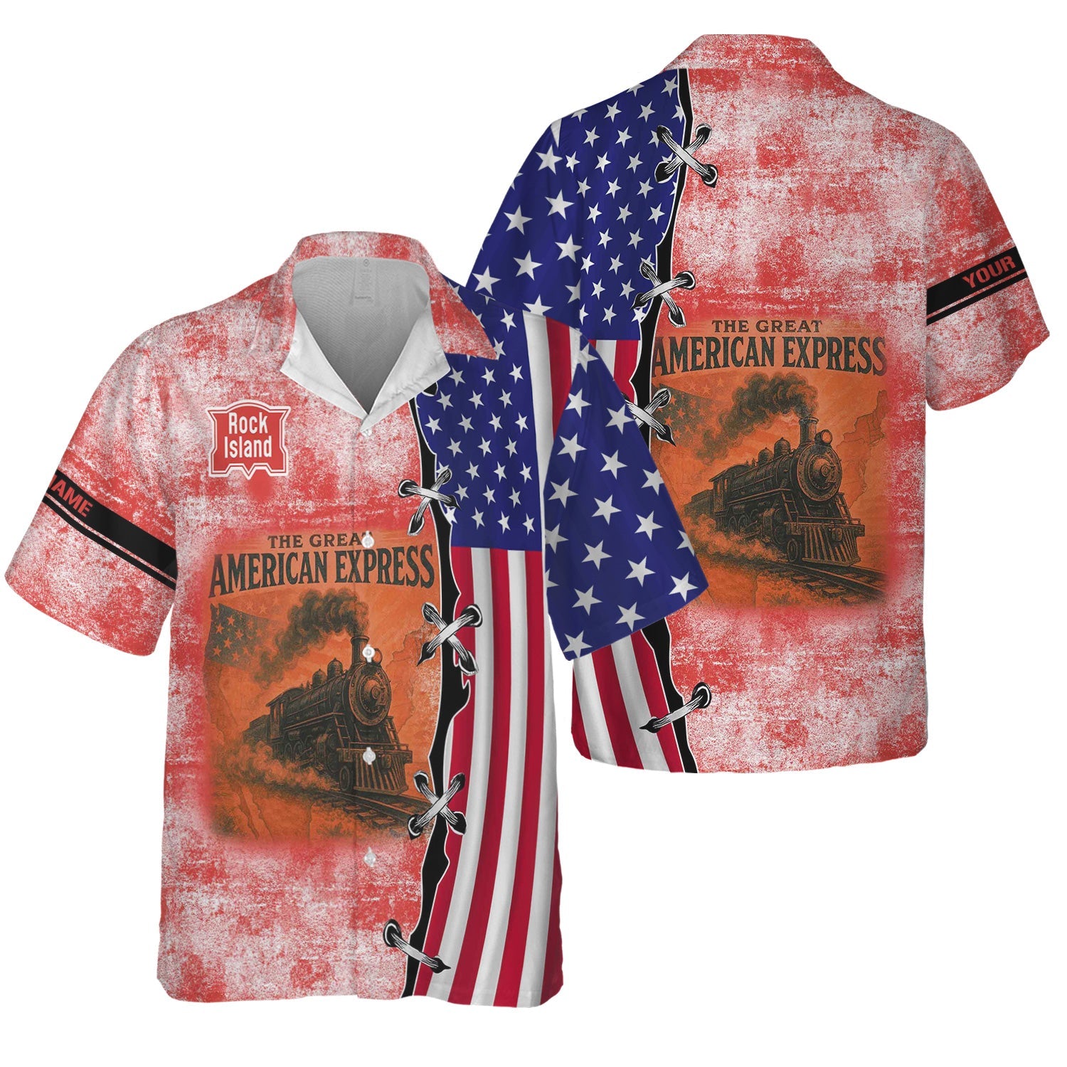 Railspirit Personalized Chicago, Rock Island and Pacific Railroad Hawaiian Shirt Retro American Express Train USA Flag Rock Island Railroad Shirt