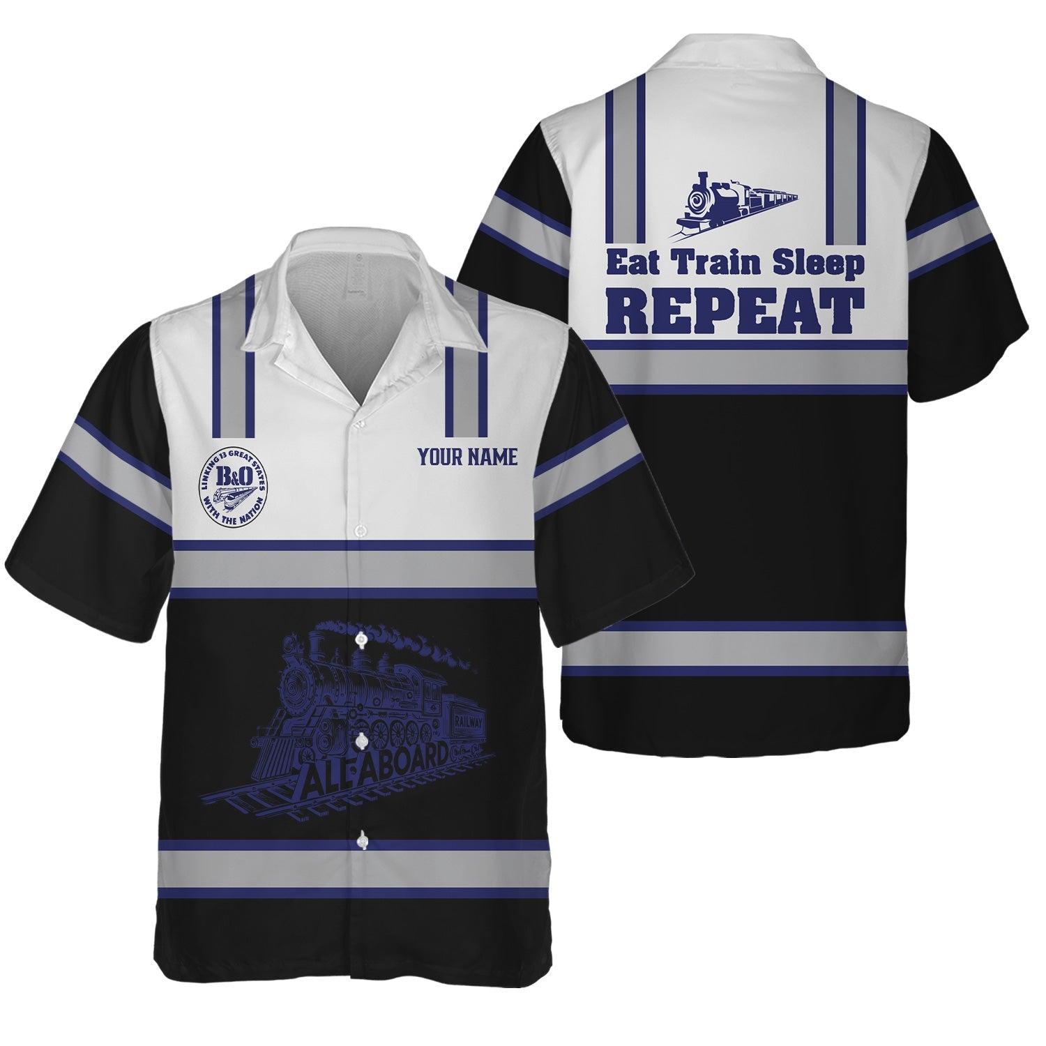 Railspirit Custom Name B&O Great States Railroad Hawaiian Shirt Eat Train Sleep Repeat Printed Train Shirt
