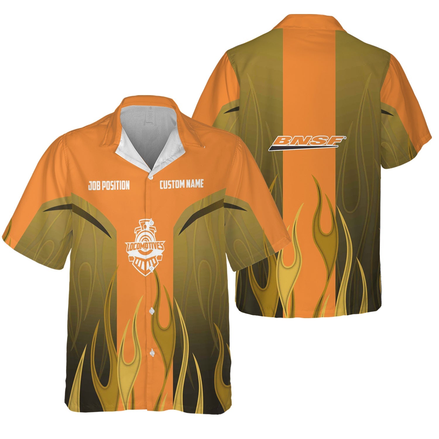 Railspirit Custom Name and Job Title BNSF Railway Hawaiian Shirt Flame Graphic Train Shirt For Rail Workers